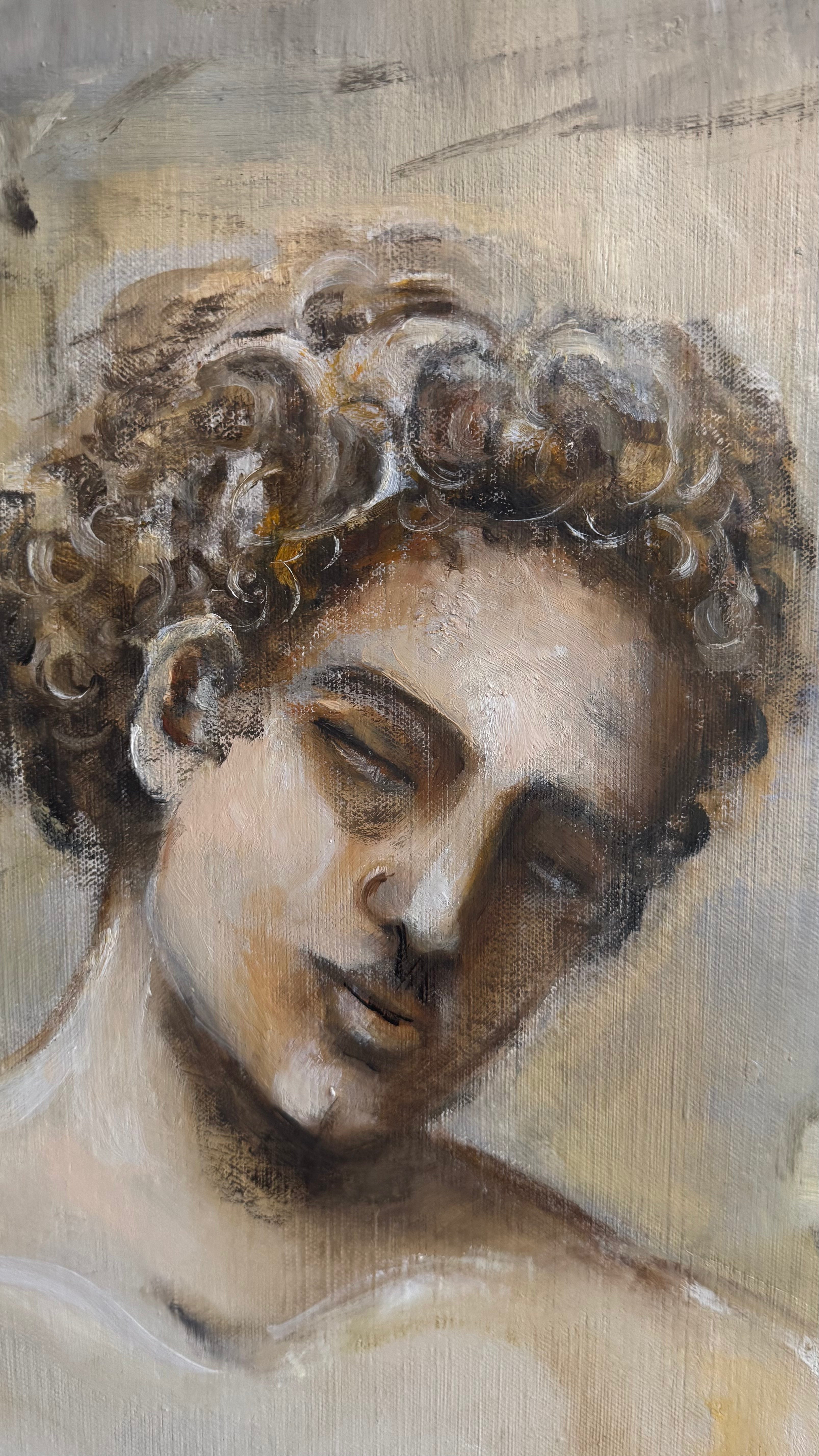 Close-up of Adam from “Fragments of Eden”, contemporary symbolic oil painting inspired by classical sculpture and Mediterranean light.