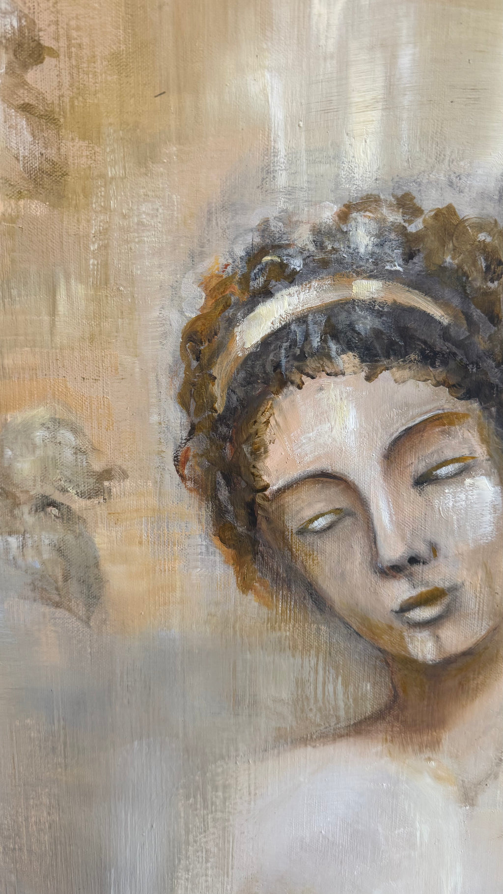 Close-up of Eve from “Fragments of Eden” – original oil painting on linen by Lyuba Vasileva, inspired by classical sculpture and contemporary symbolism.