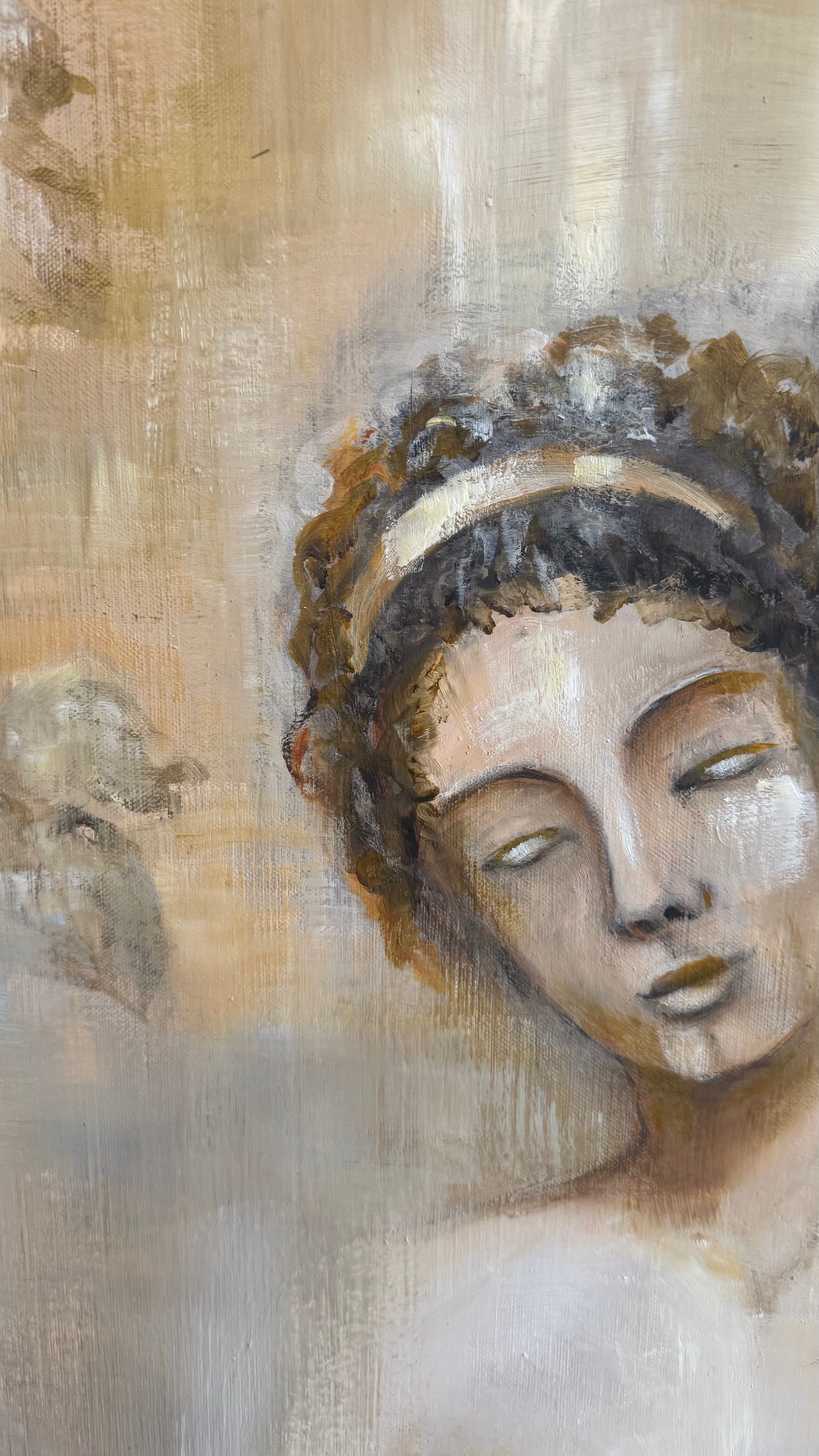 Close-up of Eve from “Fragments of Eden” – original oil painting on linen by Lyuba Vasileva, inspired by classical sculpture and contemporary symbolism.