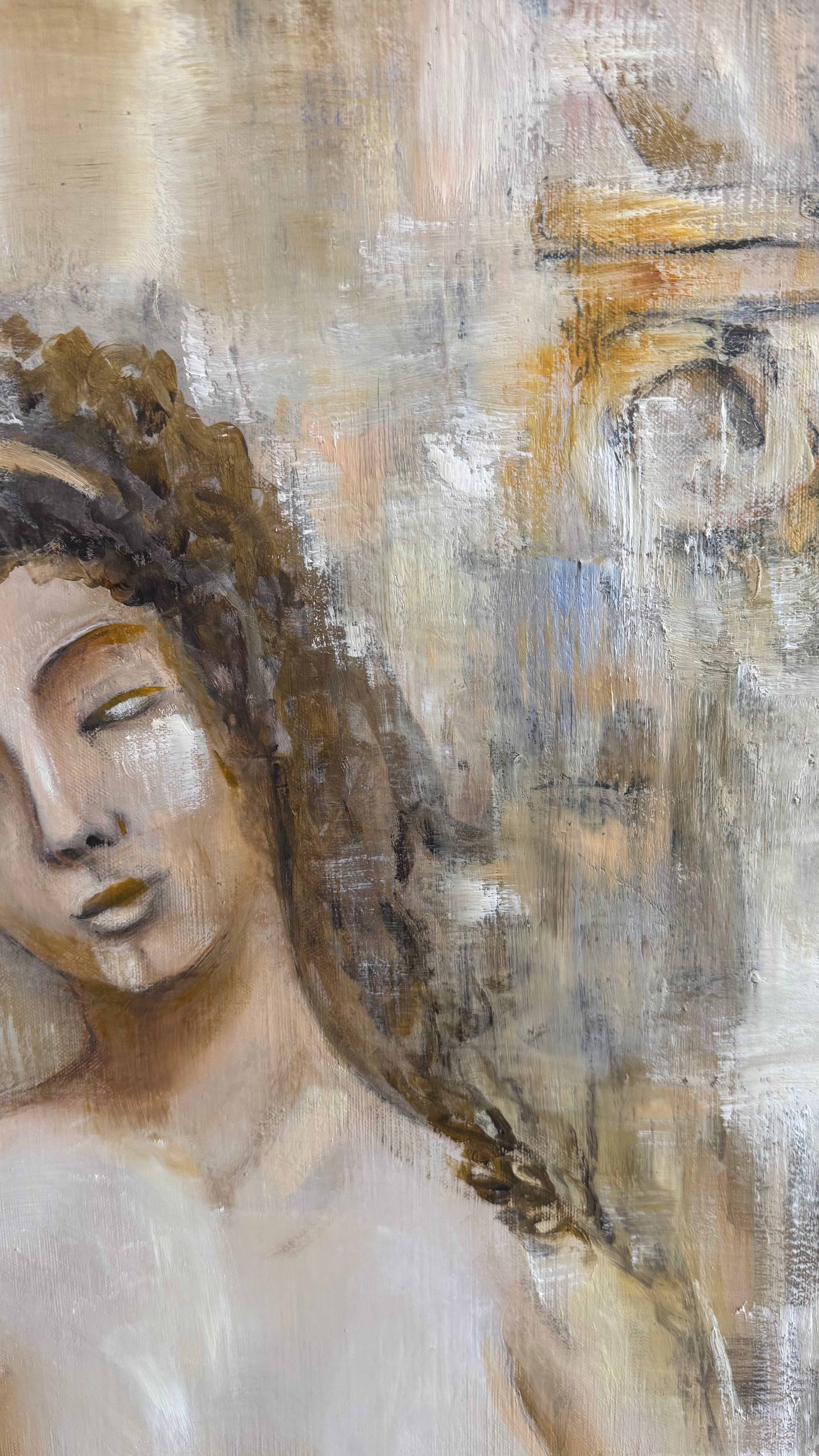 Close-up of Eve from “Fragments of Eden”, contemporary symbolic oil painting inspired by classical sculpture and Mediterranean light.
