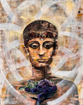 textured mixed media painting with symbolic portrait and fruit composition