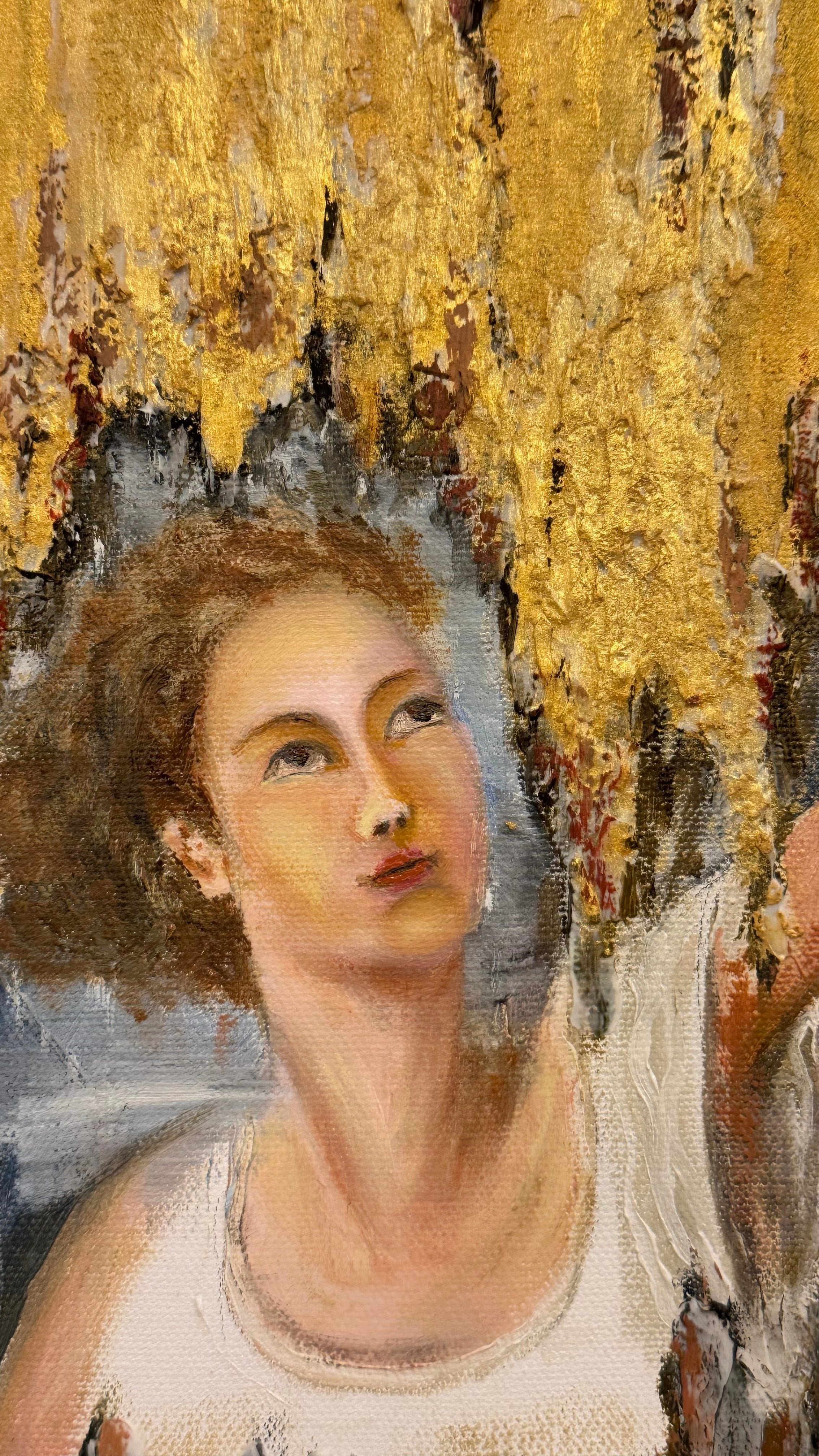 Close-up detail of gold textured painting with classical portrait element, inspired by Italian masters, featuring rich surface and luminous golden tones