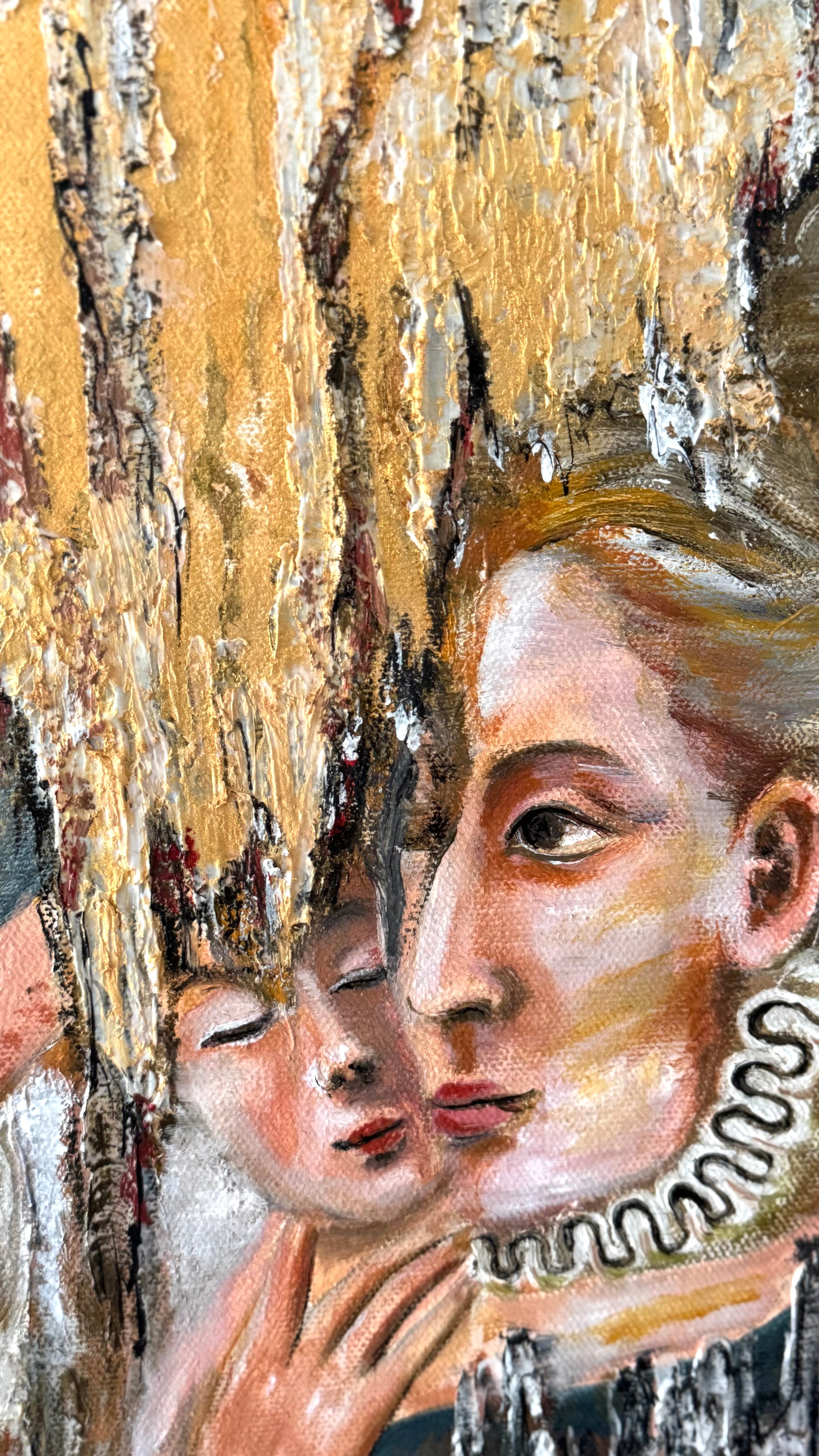 Close-up detail of gold textured painting with classical portrait elements, inspired by Italian masters, featuring soft expression and warm golden tones