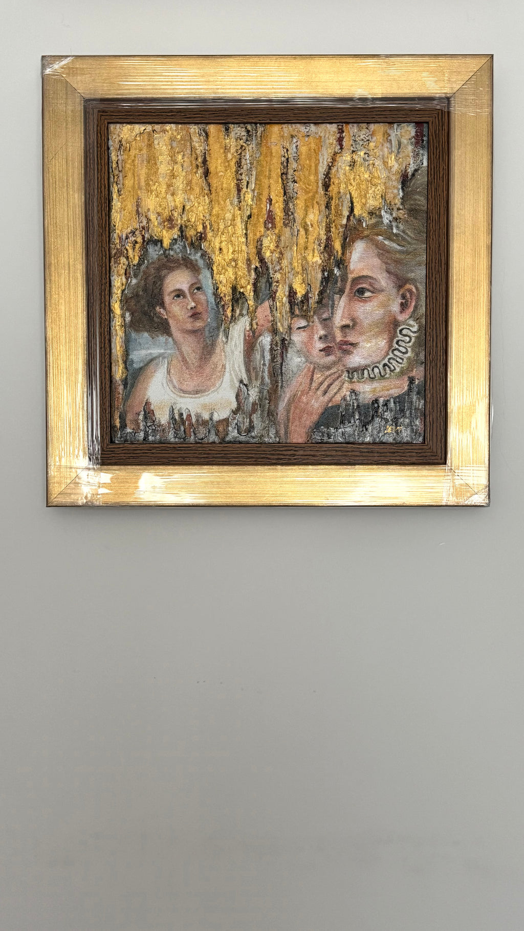 Framed gold textured painting on wall, inspired by Italian masters, elegant contemporary European wall art in warm golden tones