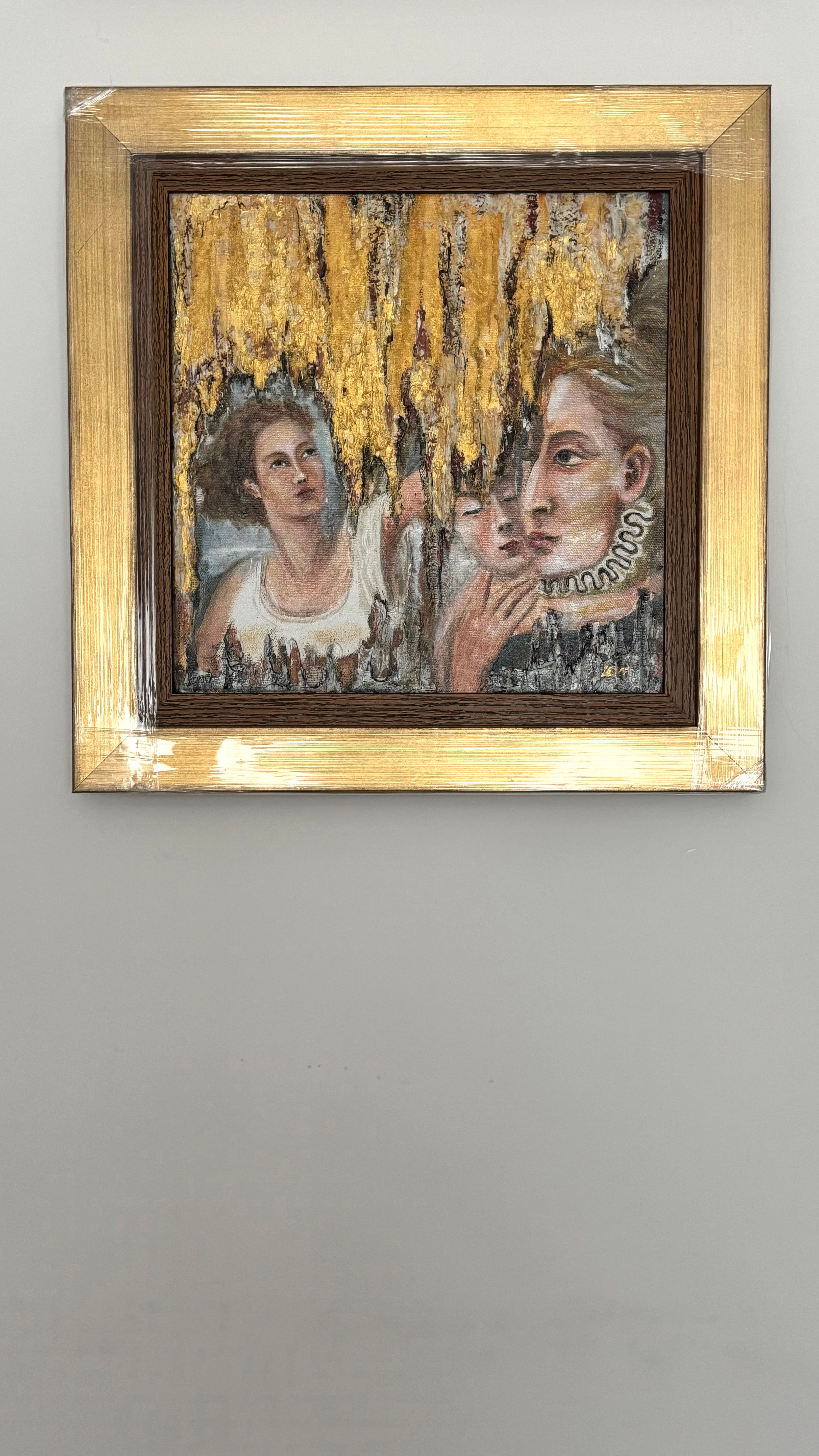 Framed gold textured painting on wall, inspired by Italian masters, elegant contemporary European wall art in warm golden tones