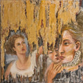 Original gold textured painting in elegant frame, inspired by Italian masters and classical European art, with rich textures and luminous tones