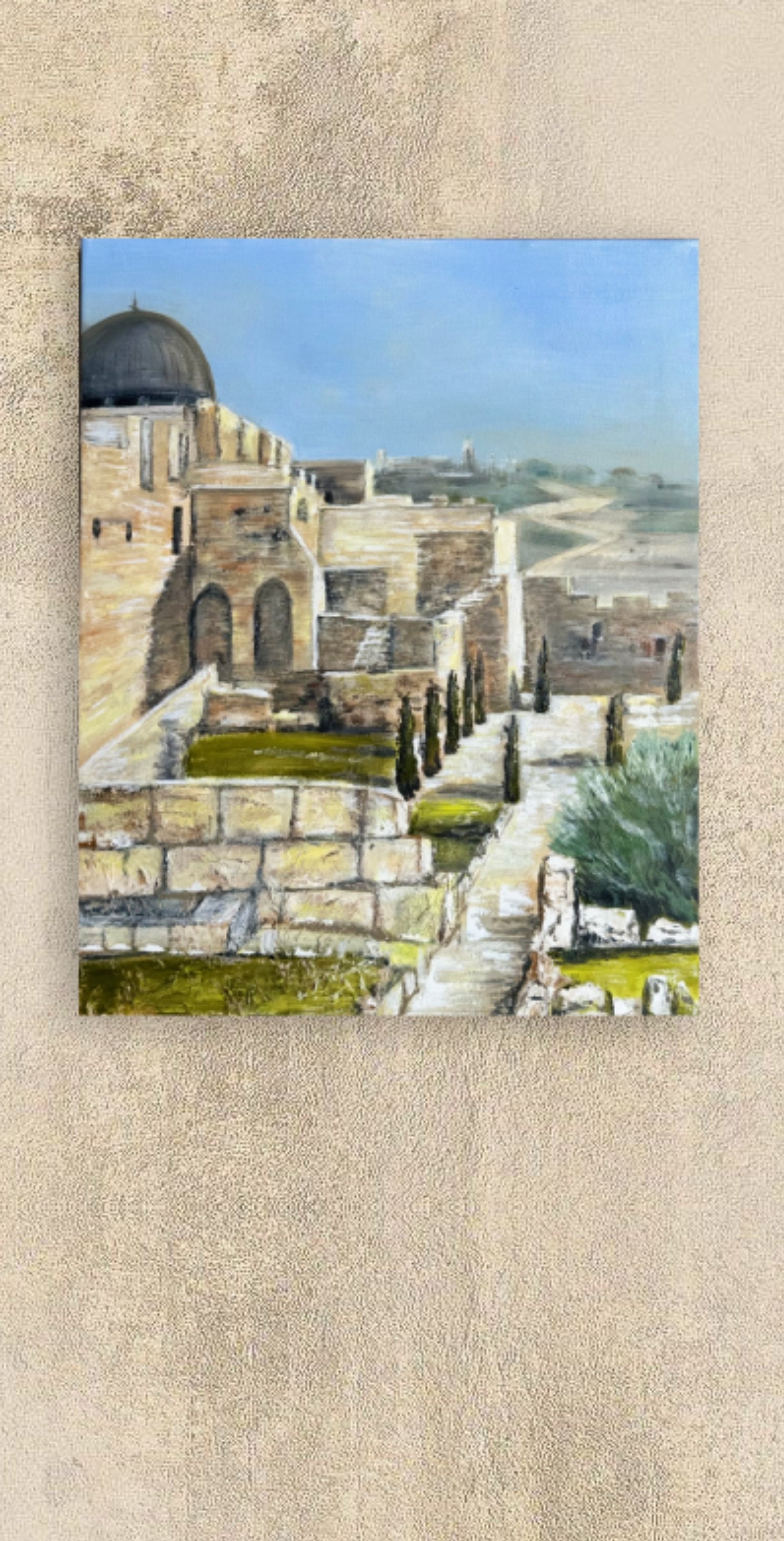 Original mixed media painting of Jerusalem architecture with stone buildings and landscape on textured background