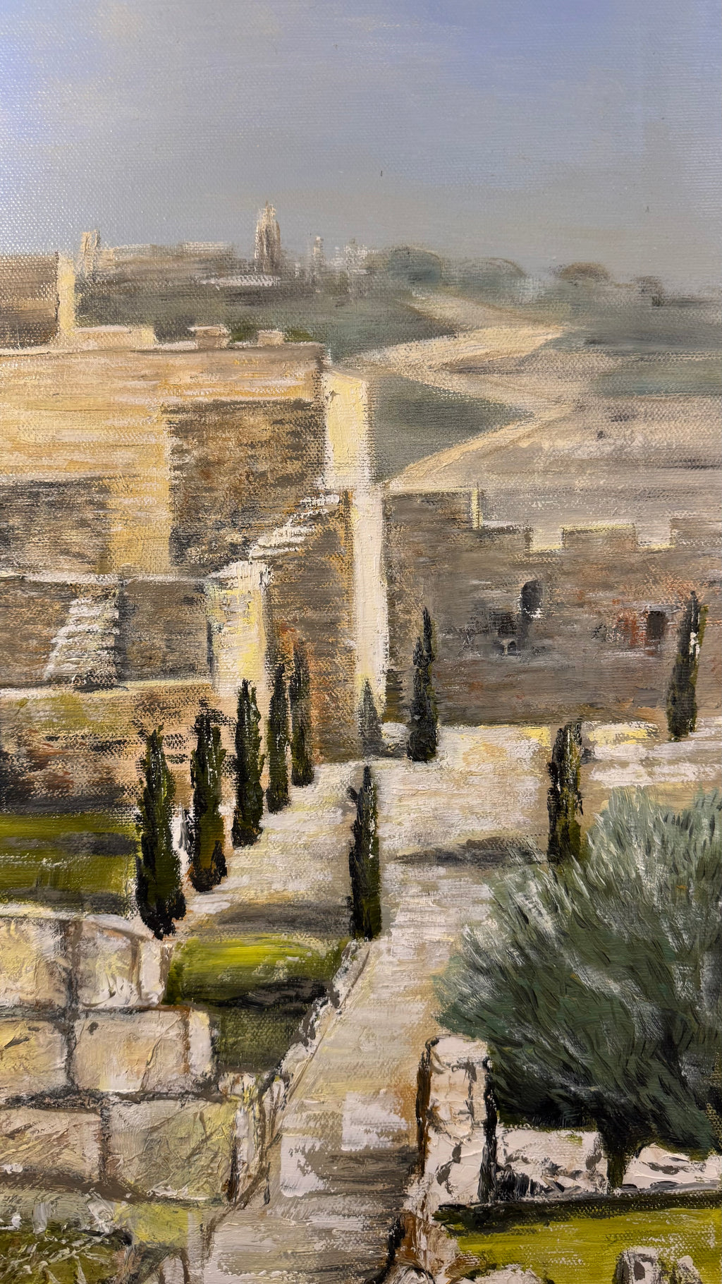 Jerusalem landscape painting detail with pathway, cypress trees and stone architecture