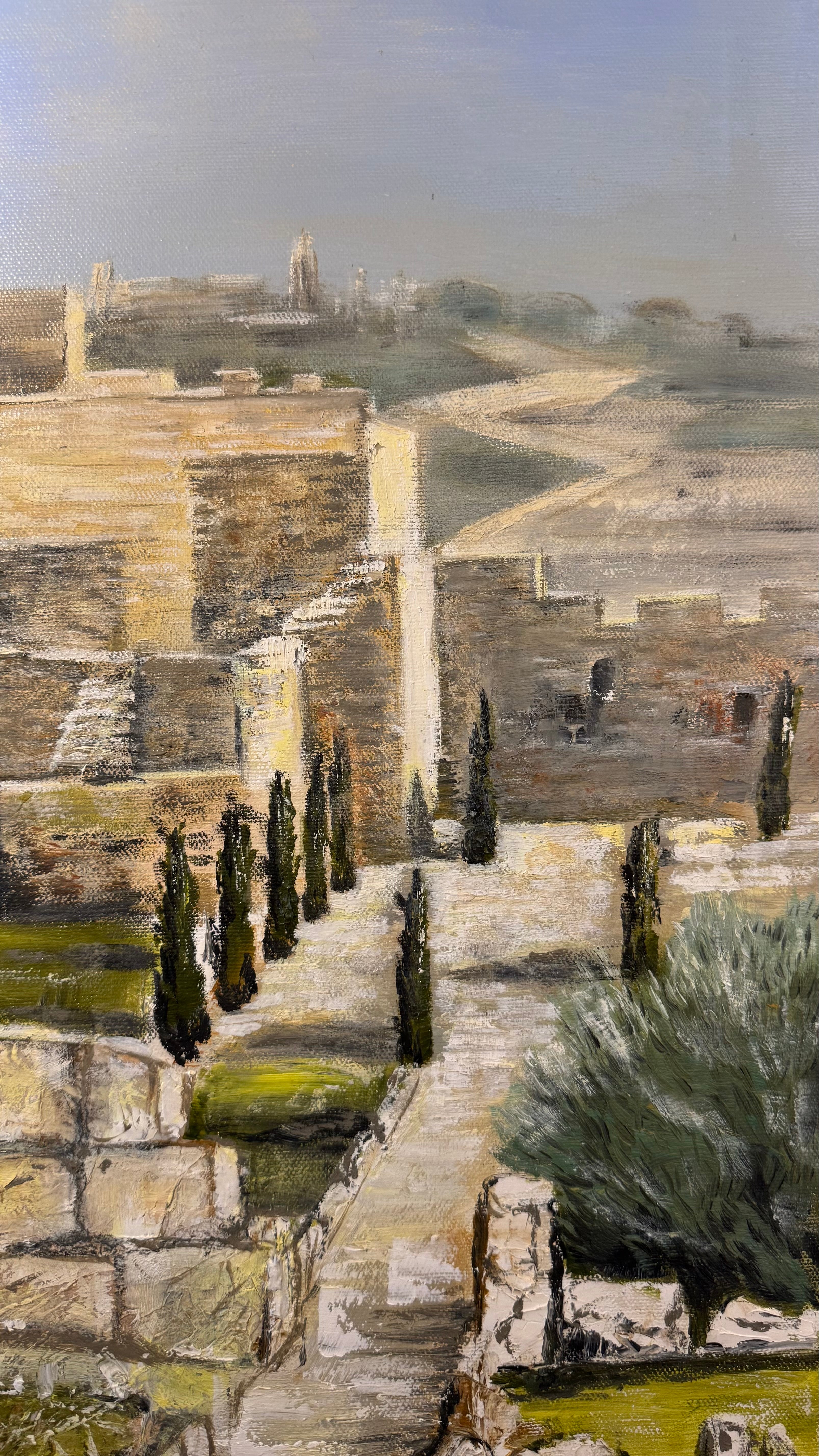 Jerusalem landscape painting detail with pathway, cypress trees and stone architecture