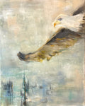 Contemporary mixed media eagle painting with atmospheric textures, muted earth tones, and abstract silence-inspired landscape