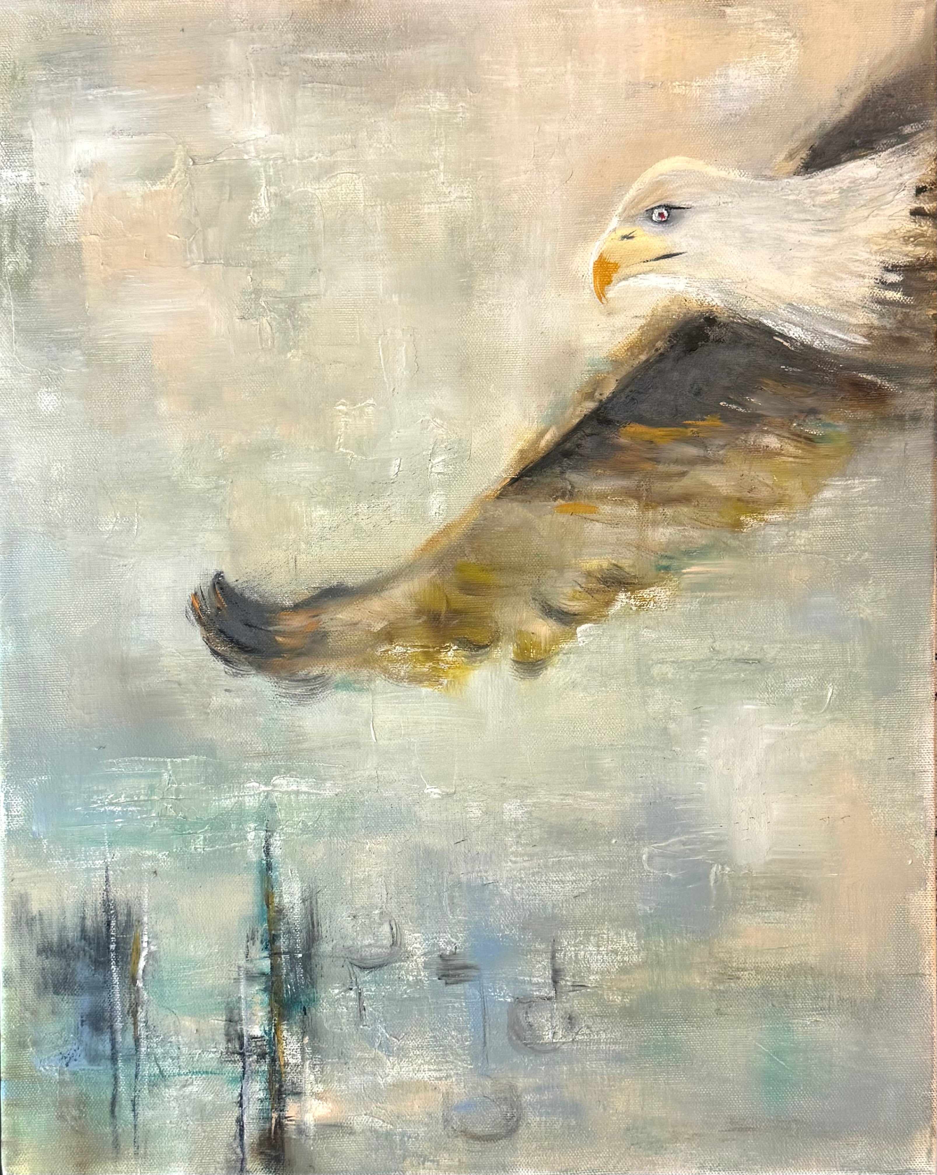 Contemporary mixed media eagle painting with atmospheric textures, muted earth tones, and abstract silence-inspired landscape
