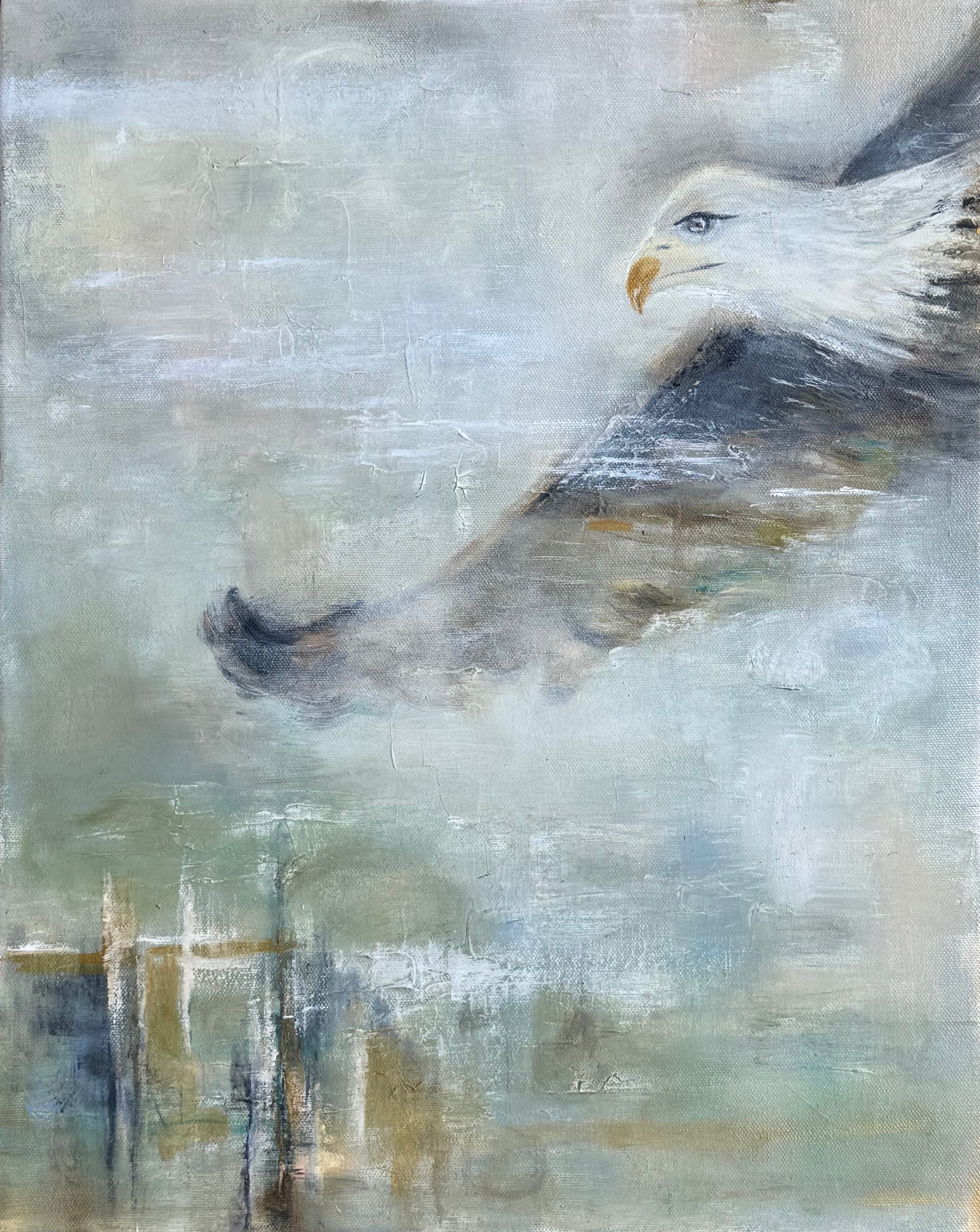 Abstract painting of an eagle with a blurred landscape background with atmospheric mixed media textures and ethereal abstract color fields 