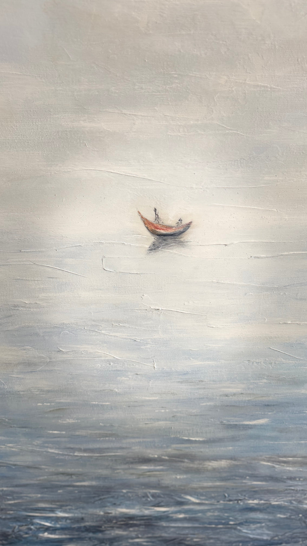 Minimalist Mediterranean seascape with solitary red boat, translucent atmosphere and textured water reflections, contemporary mixed media painting.