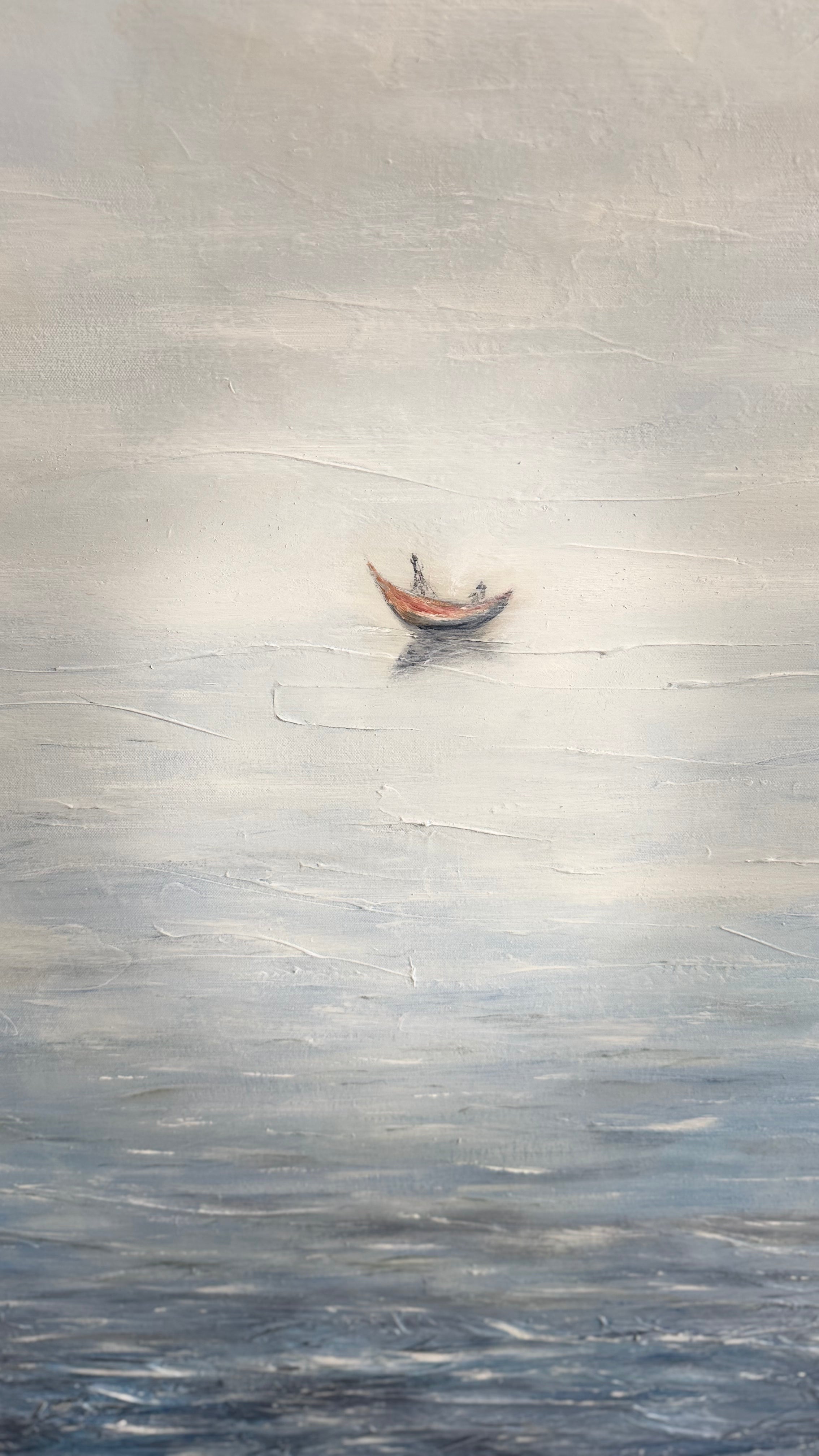 Minimalist Mediterranean seascape with solitary red boat, translucent atmosphere and textured water reflections, contemporary mixed media painting.