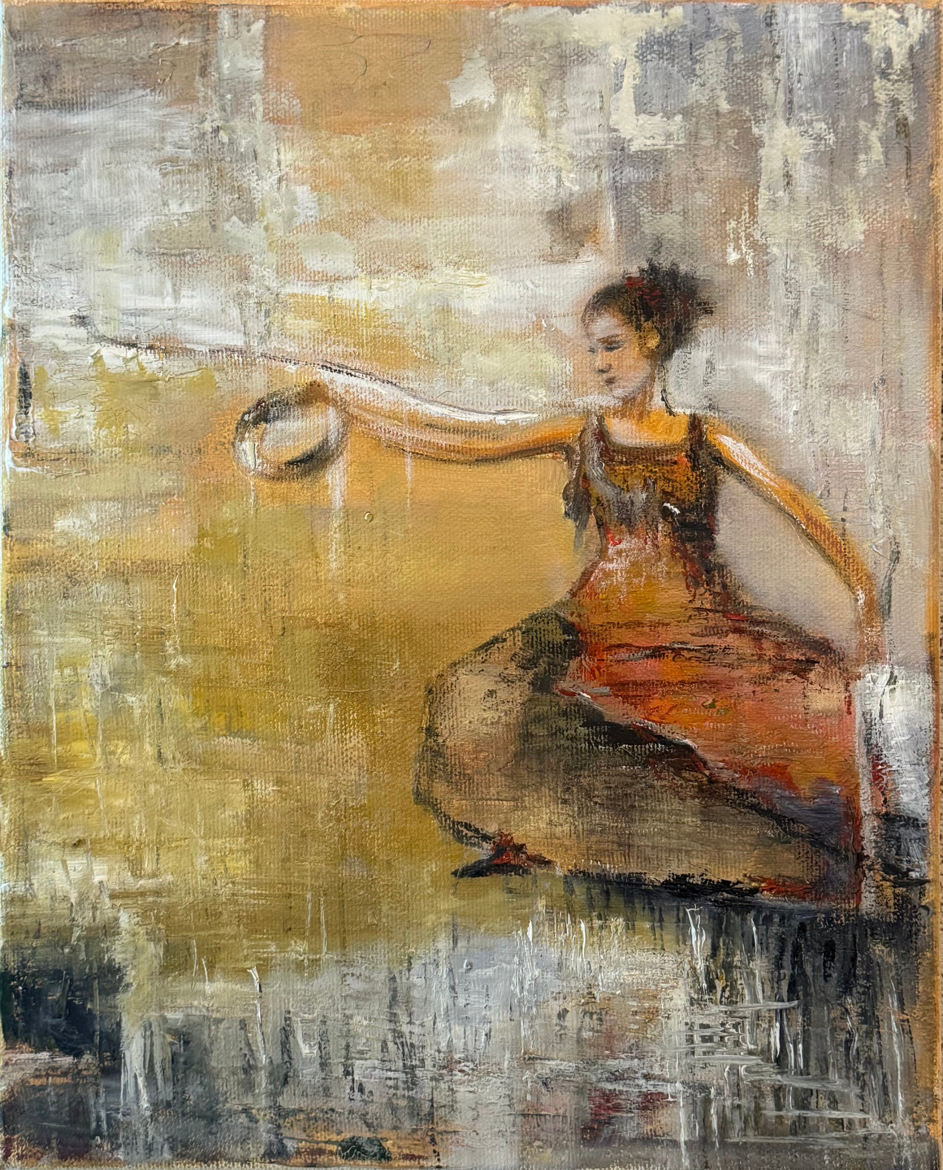 Abstract oil painting in warm neutral tones with soft textures and minimal expressive form, contemporary artwork on canvas