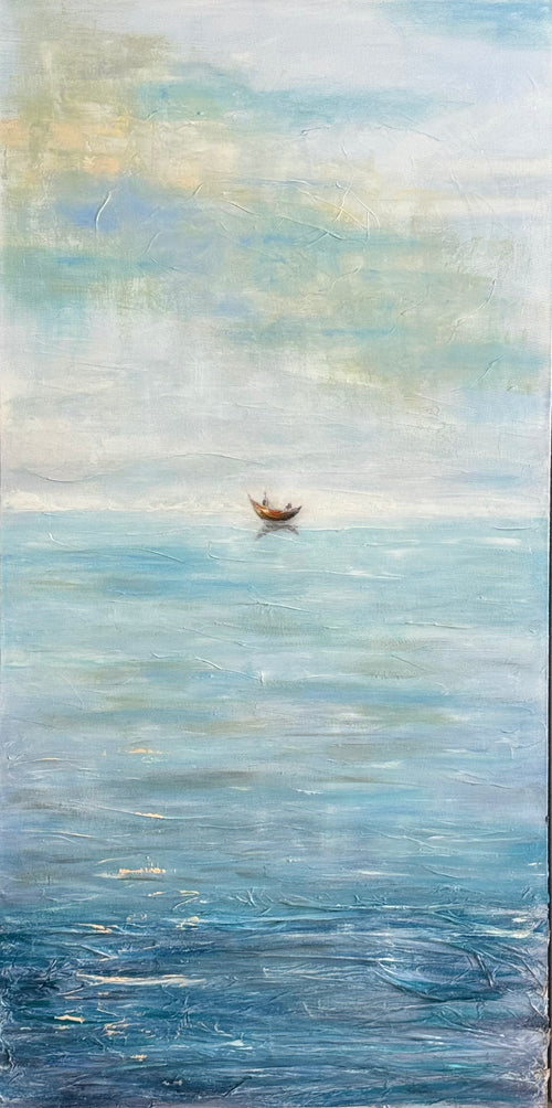 Minimalist Mediterranean seascape with small red boat and translucent sea mist, contemporary textured painting on linen canvas.
