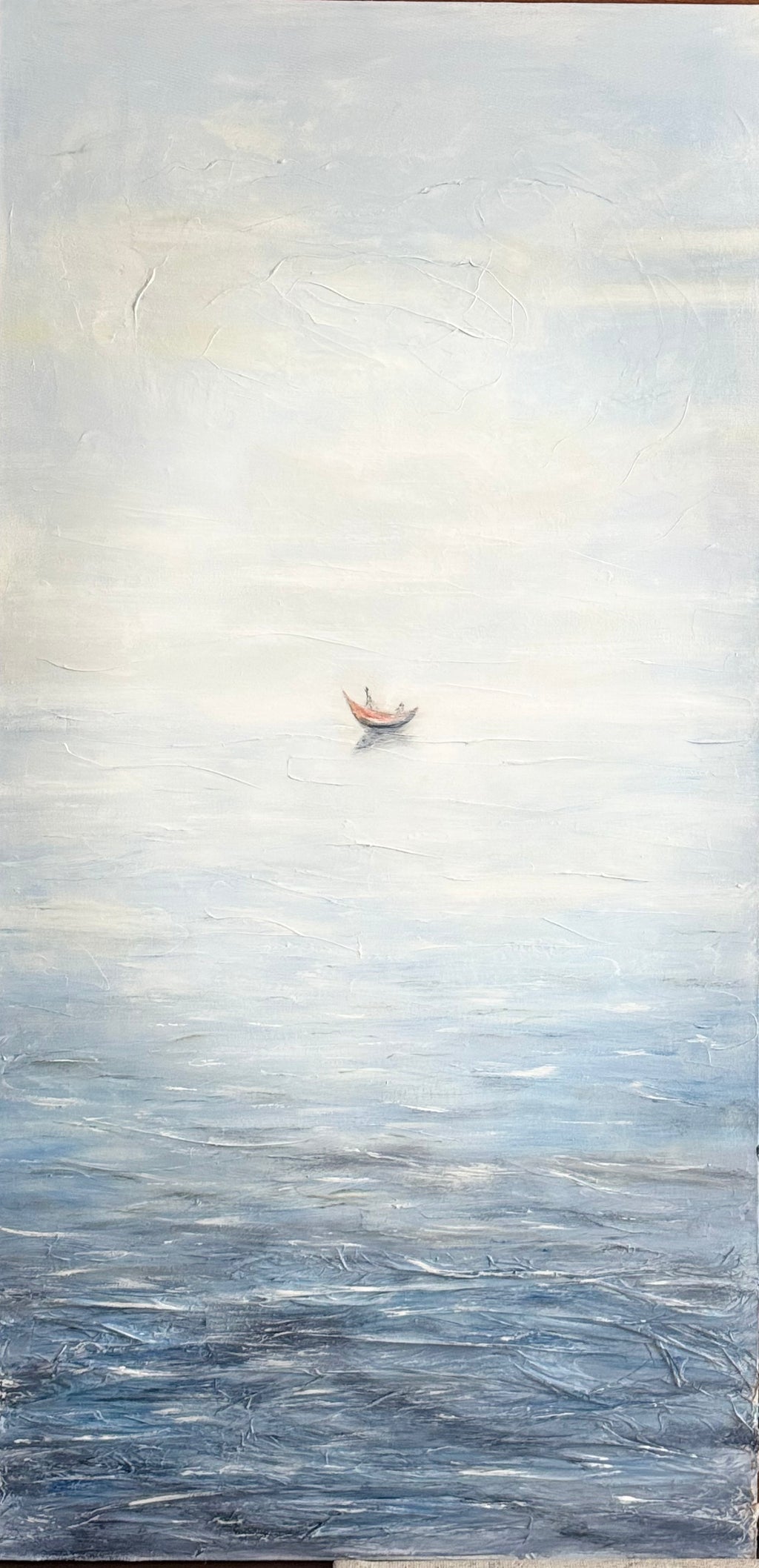 Minimalist Mediterranean seascape with small red boat and translucent sea mist, contemporary textured painting on linen canvas.