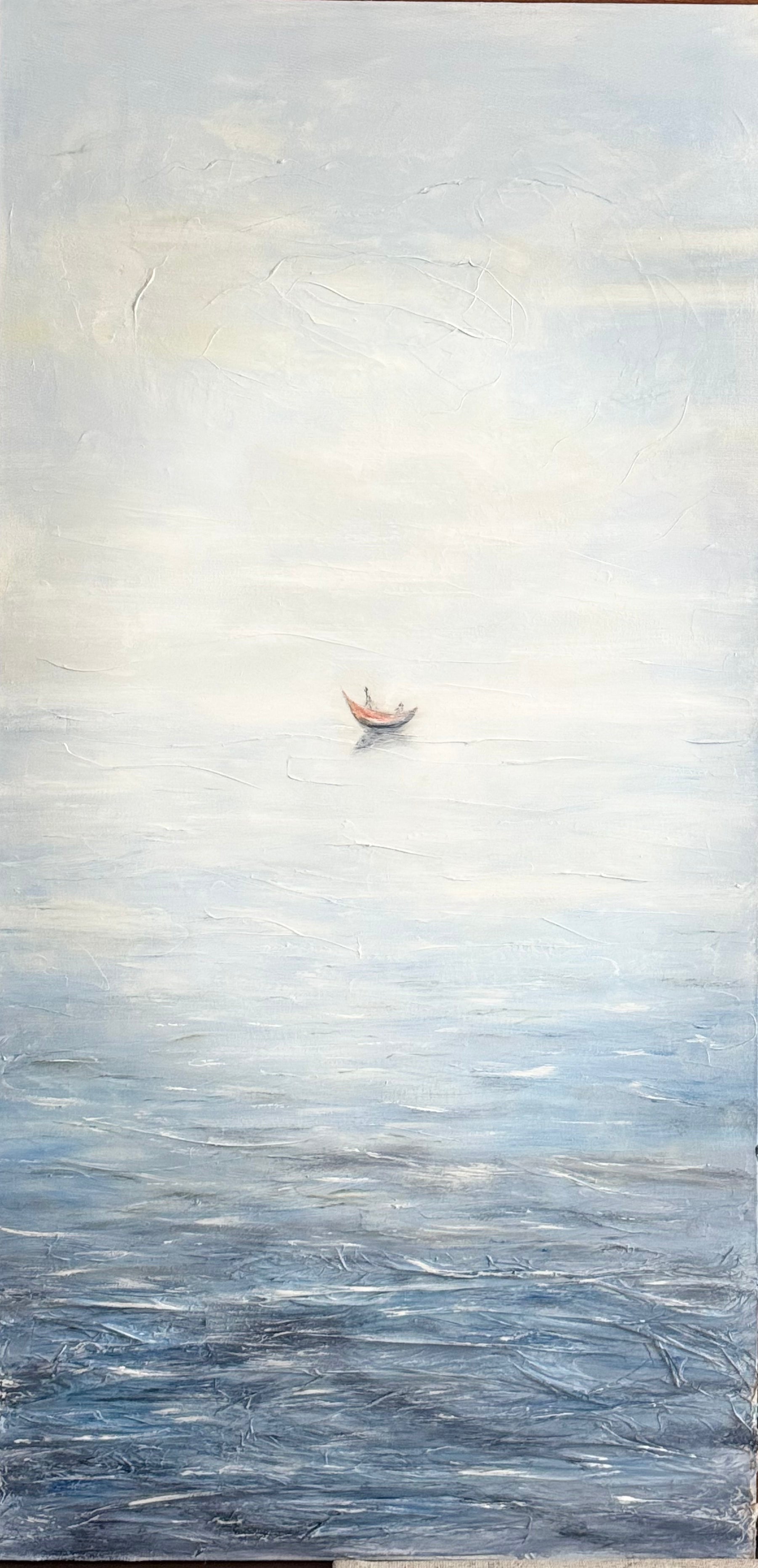 Minimalist Mediterranean seascape with small red boat and translucent sea mist, contemporary textured painting on linen canvas.