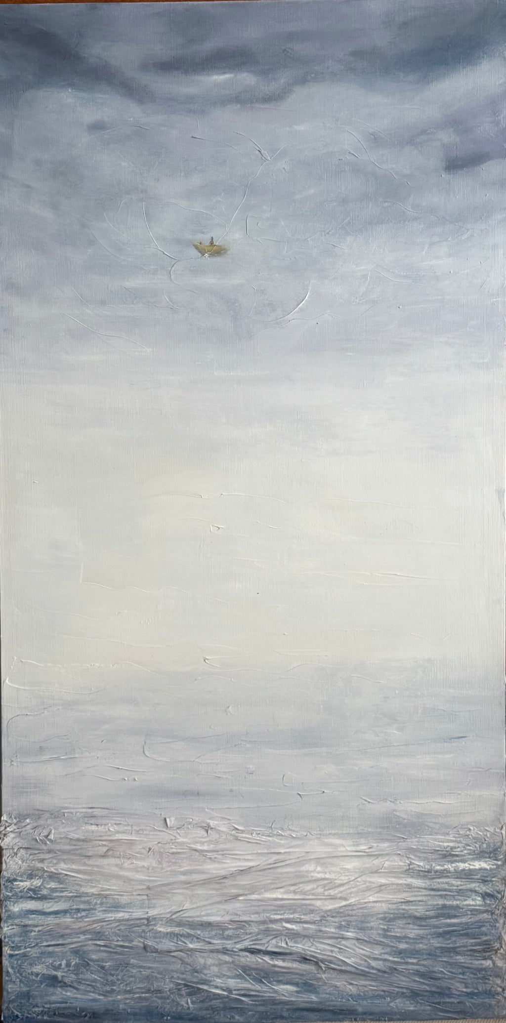 Minimalist Mediterranean seascape with translucent horizon, white sea mist and textured light reflections, contemporary mixed media painting on linen canvas.
