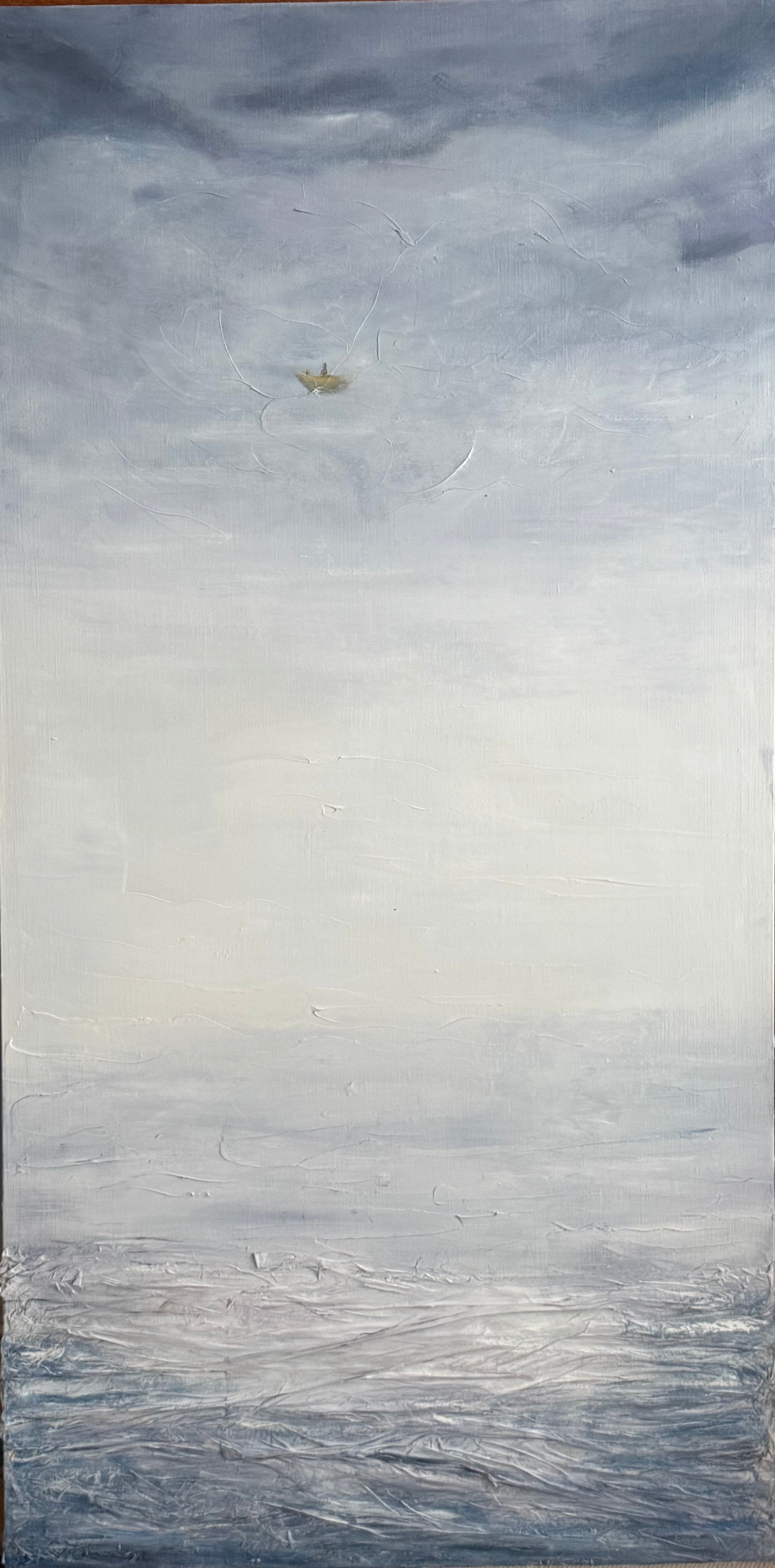 Minimalist Mediterranean seascape with translucent horizon, white sea mist and textured light reflections, contemporary mixed media painting on linen canvas.