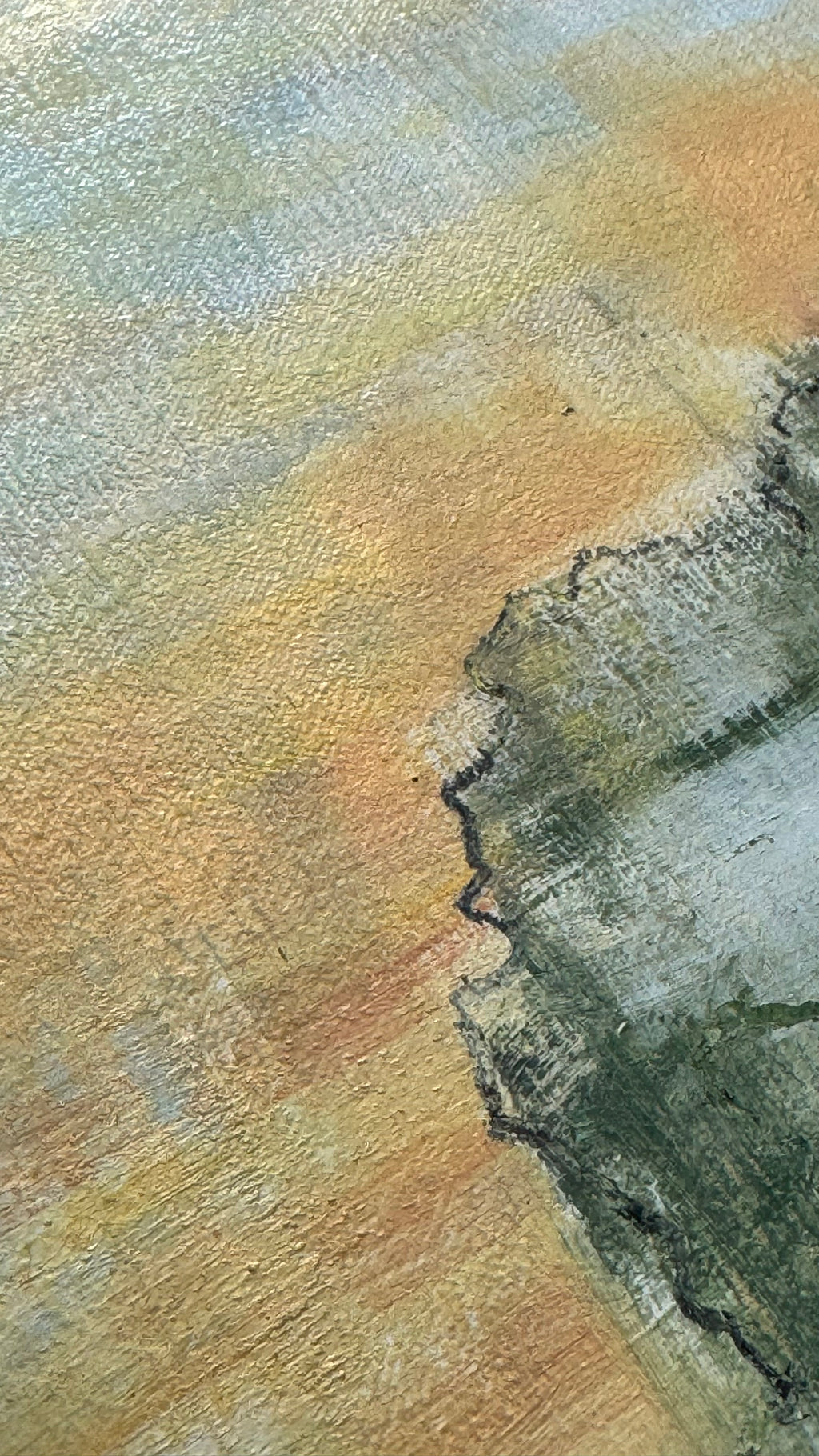 Detail of mixed media painting with gold element and soft textures