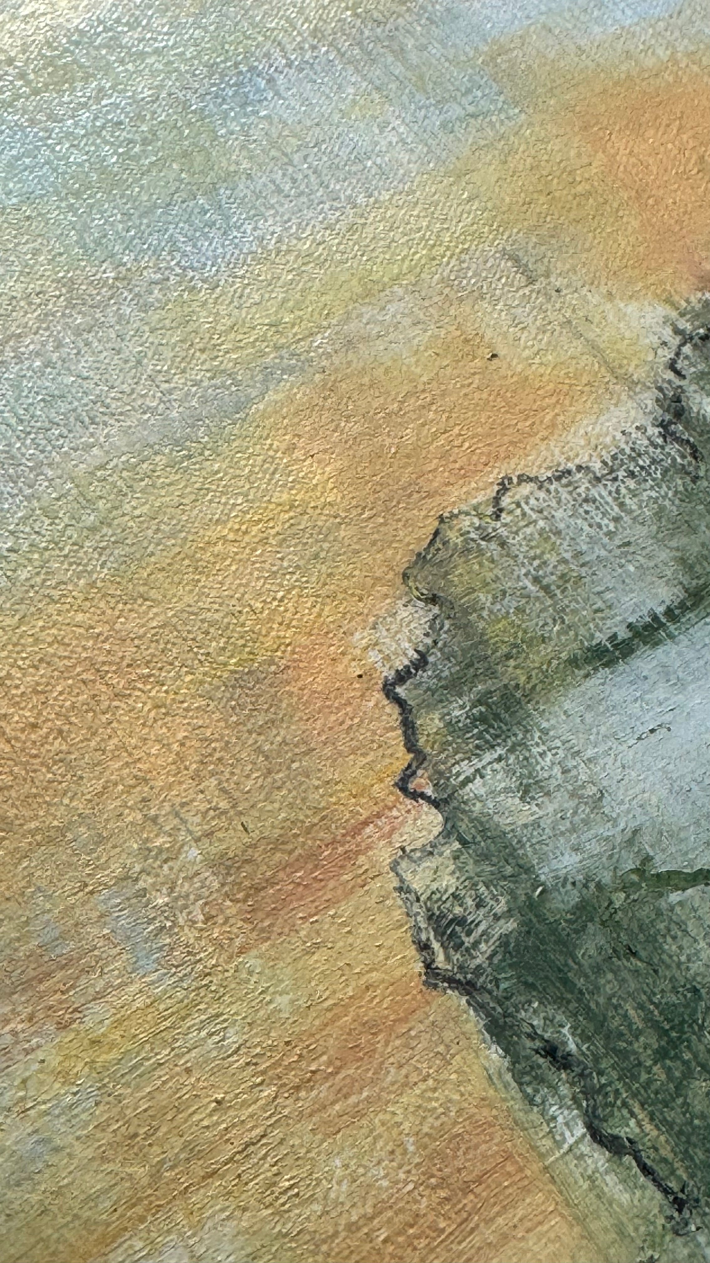 Detail of mixed media painting with gold element and soft textures