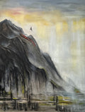 Minimalist mountain landscape painting with eagle in neutral tones, contemporary nature wall art
