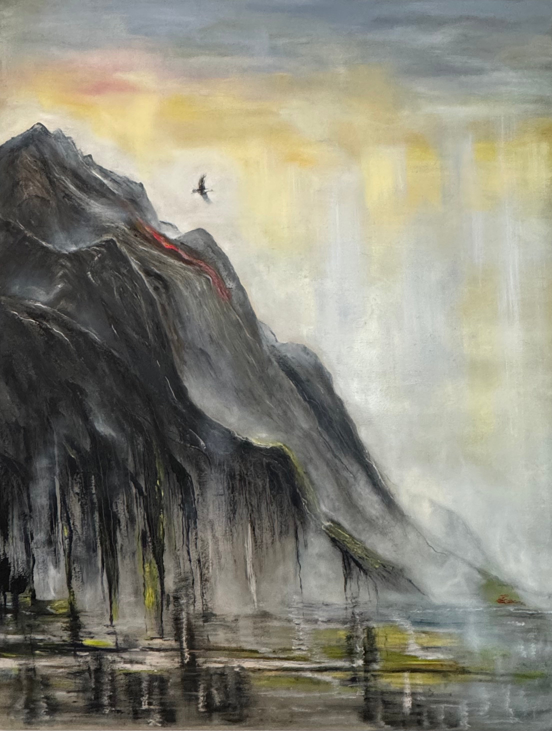 Minimalist mountain landscape painting with eagle in neutral tones, contemporary nature wall art