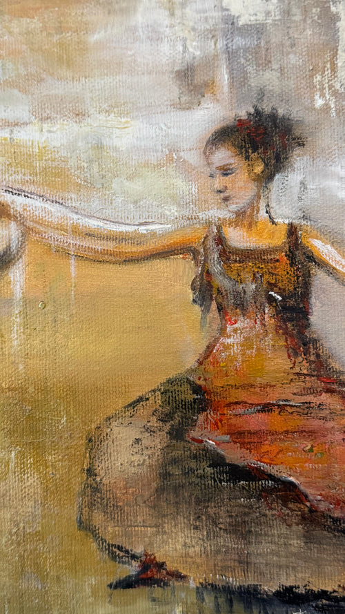 Detail of abstract oil painting showing textured surface and warm neutral tones, contemporary canvas artwork