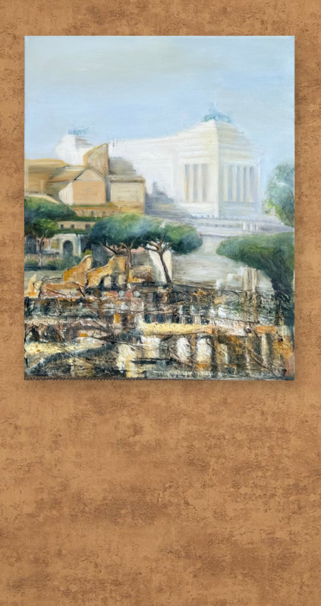 Impressionistic painting of ancient Rome with classical ruins, trees and warm Mediterranean tones