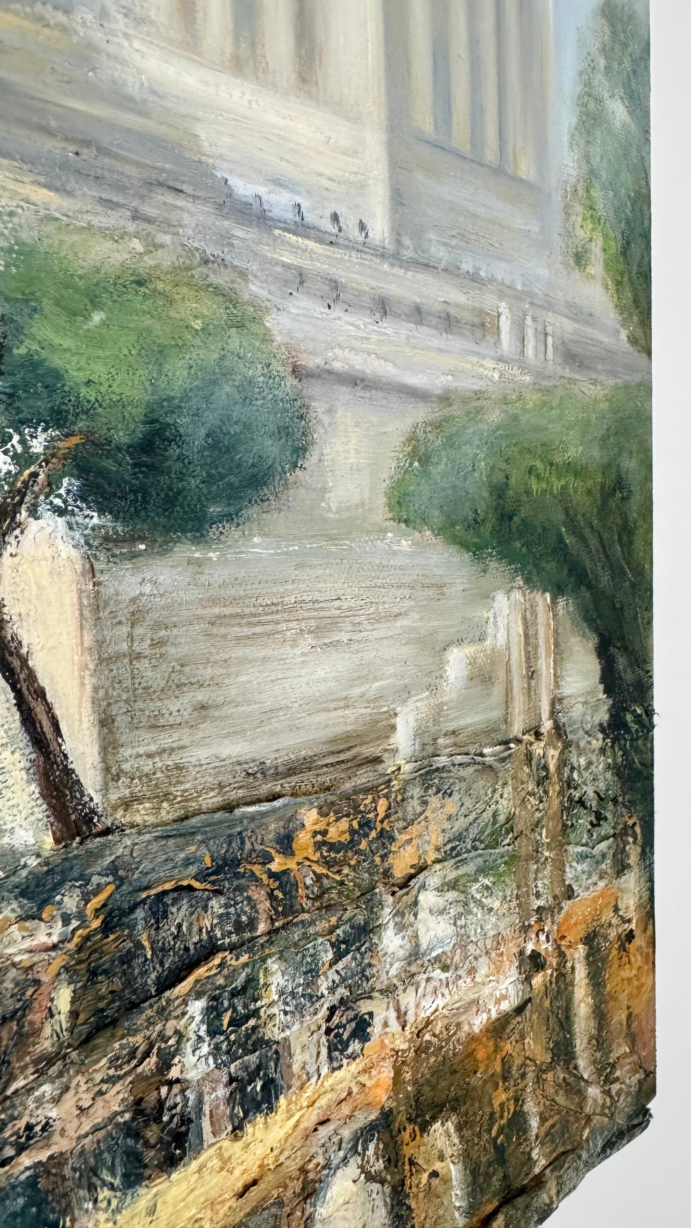 Close-up detail of a Rome painting showing textured brushwork and classical architectural elements.