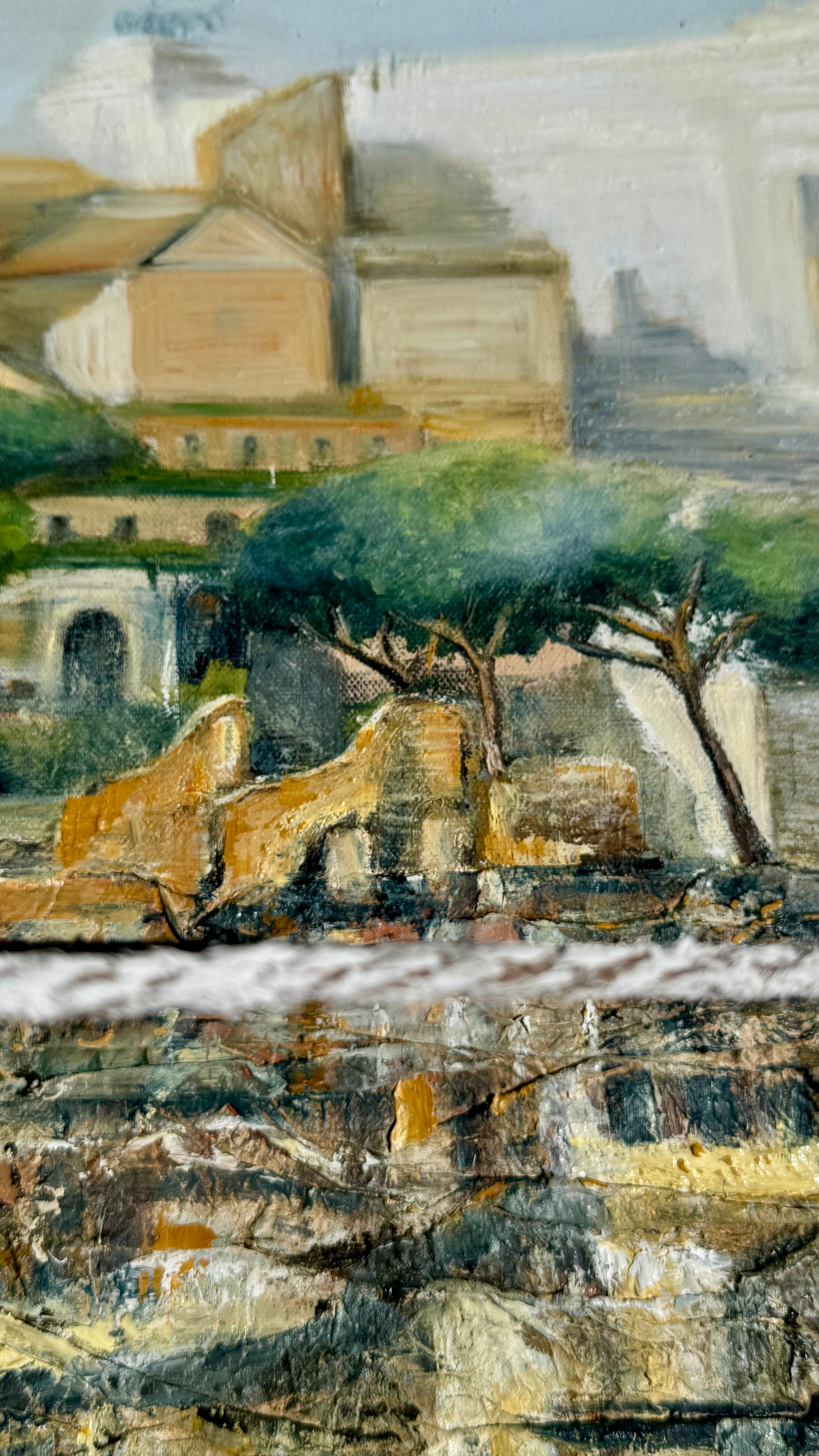 Rome ruins painting displayed on a wall, featuring classical architecture, trees, and warm Mediterranean tones.