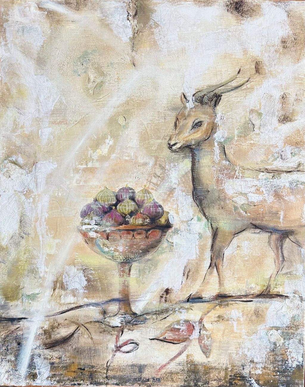 Silent Witness, original contemporary figurative oil painting with an antelope and a classical bowl of figs, textured artwork inspired by ancient Pompeian wall frescoes.