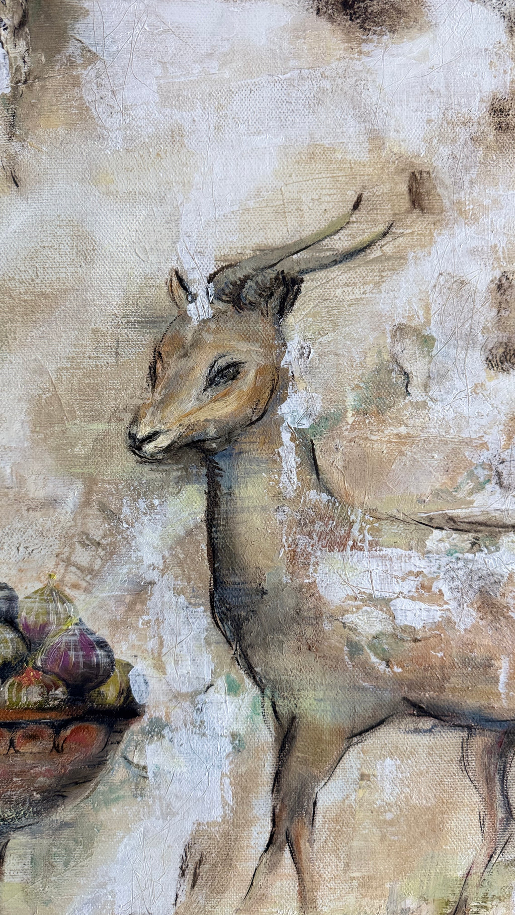 Close-up detail of the antelope in Silent Witness, original contemporary oil painting with textured layers inspired by ancient Pompeian frescoes.