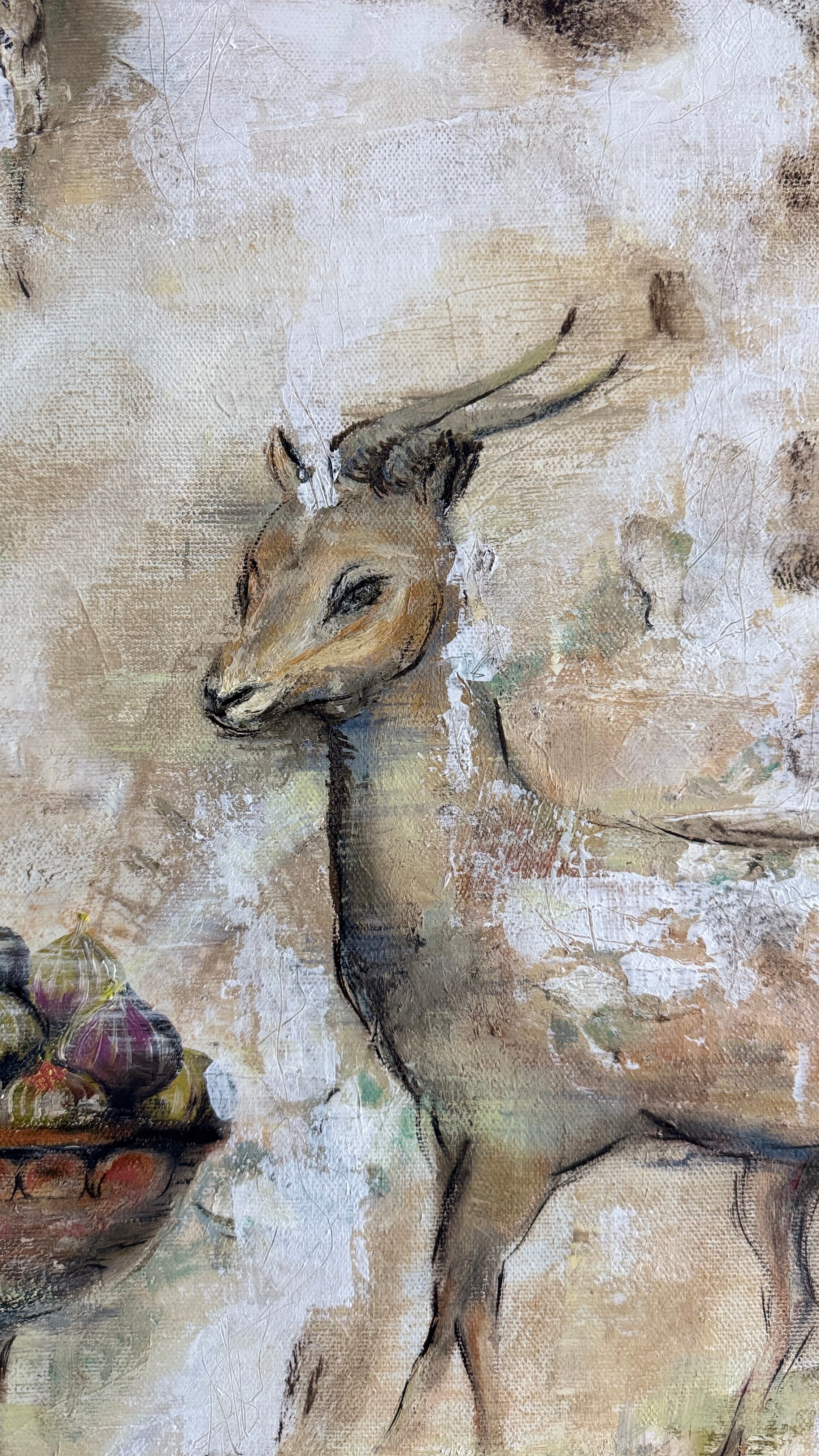 Close-up detail of the antelope in Silent Witness, original contemporary oil painting with textured layers inspired by ancient Pompeian frescoes.