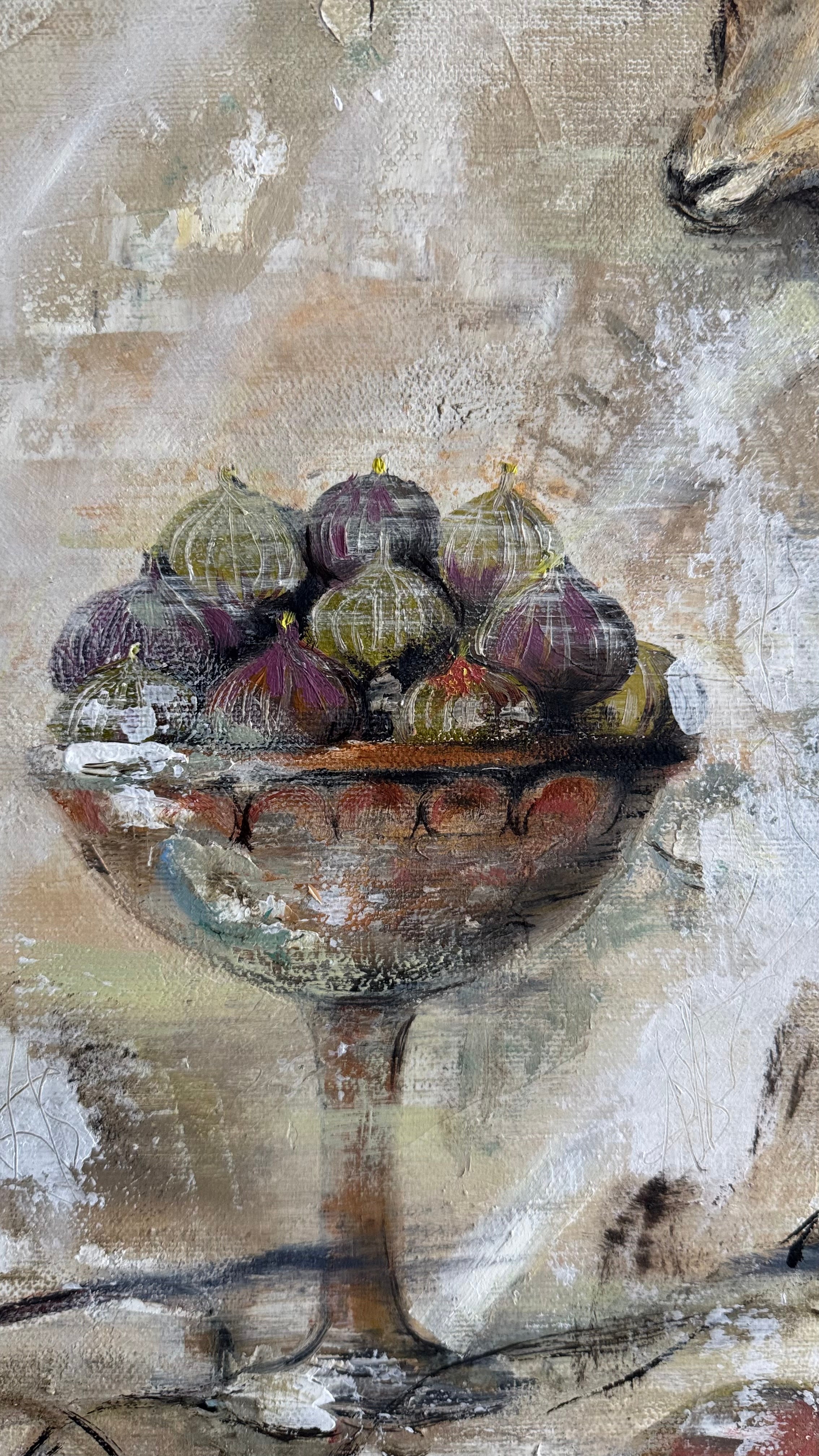 Close-up detail of the classical bowl of figs in Silent Witness, original contemporary oil painting with textured layers inspired by ancient Pompeian frescoes.