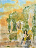 Symbolic painting of a woman in soft natural tones, contemporary figurative wall art