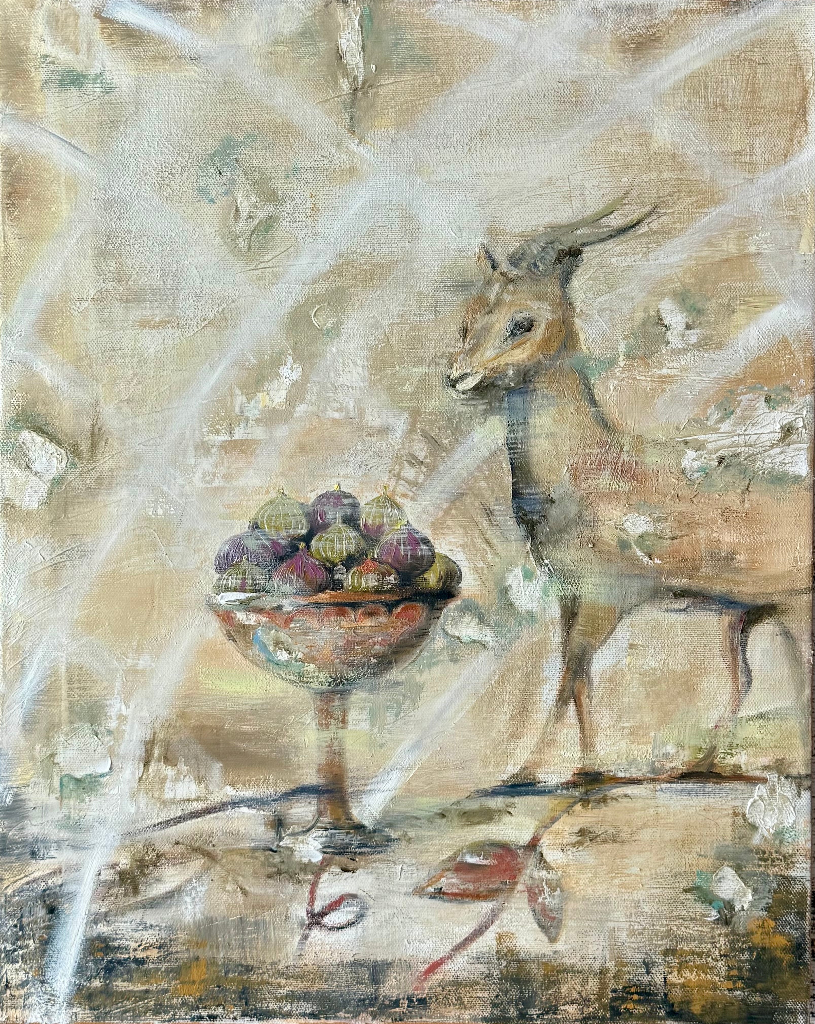 Silent Witness, textured contemporary fresco style painting with deer and bowl of figs, neutral earthy tones, mixed media on canvas