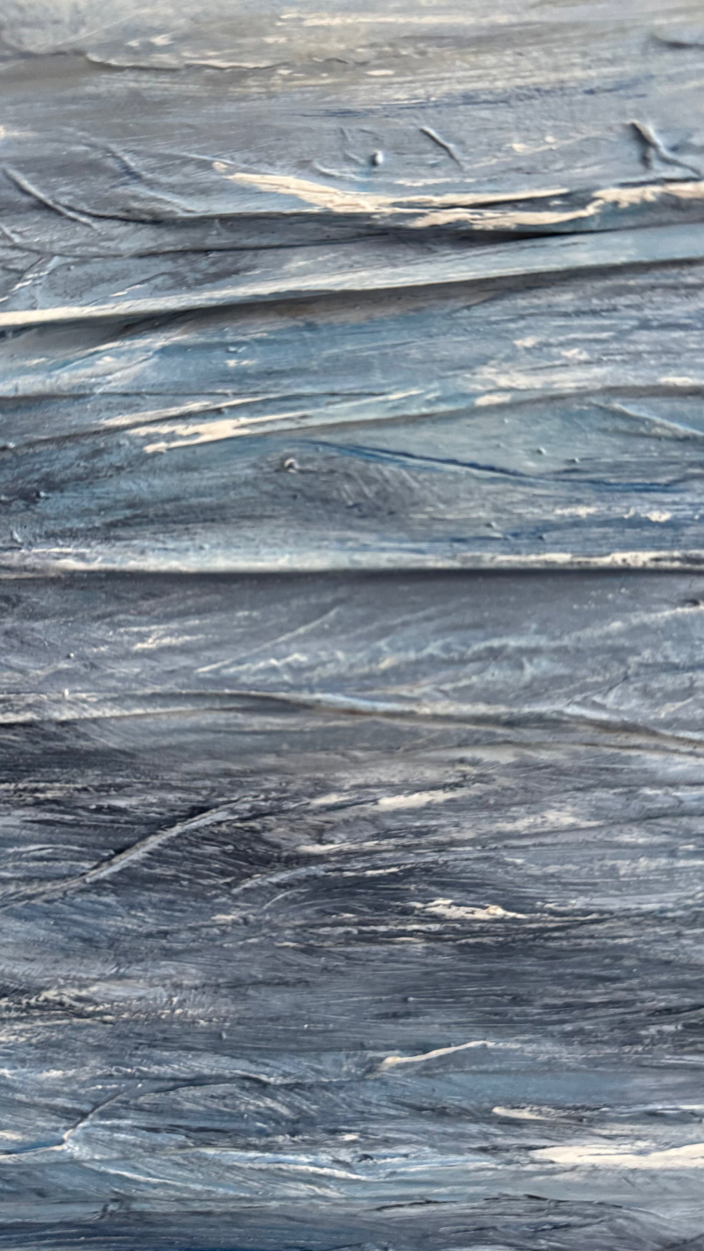 Close-up detail of textured Mediterranean water surface with layered mixed media textures on linen canvas.