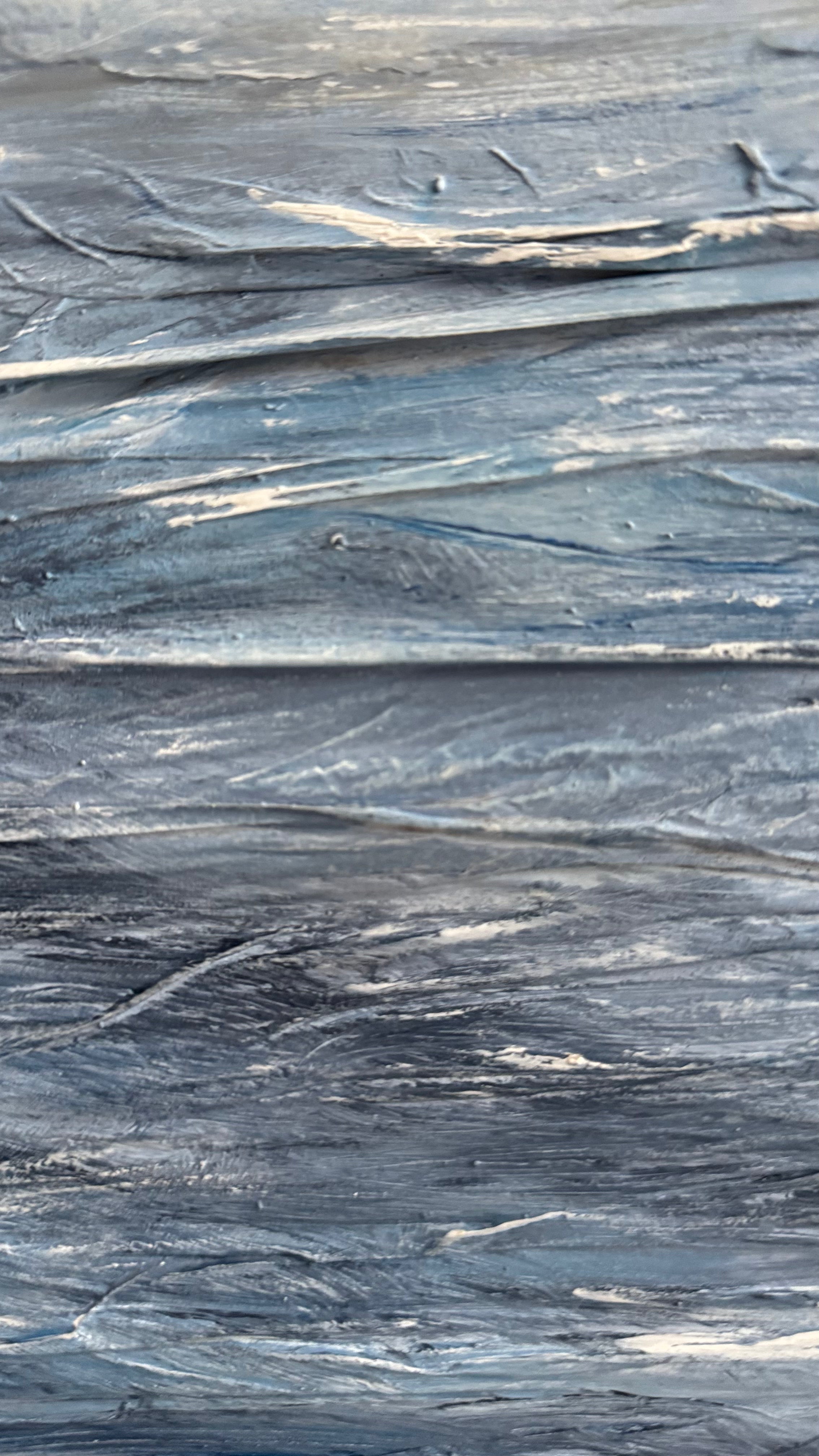 Close-up detail of textured Mediterranean water surface with layered mixed media textures on linen canvas.