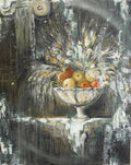 Original contemporary textured still life painting featuring a classical stone fruit bowl, inspired by ancient Pompeian wall frescoes.