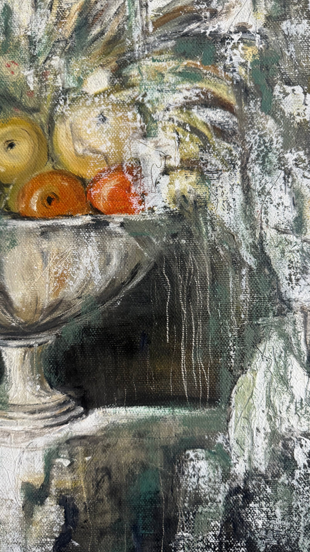 Original contemporary textured still life painting featuring a classical stone fruit bowl, inspired by ancient Pompeian wall frescoes.
