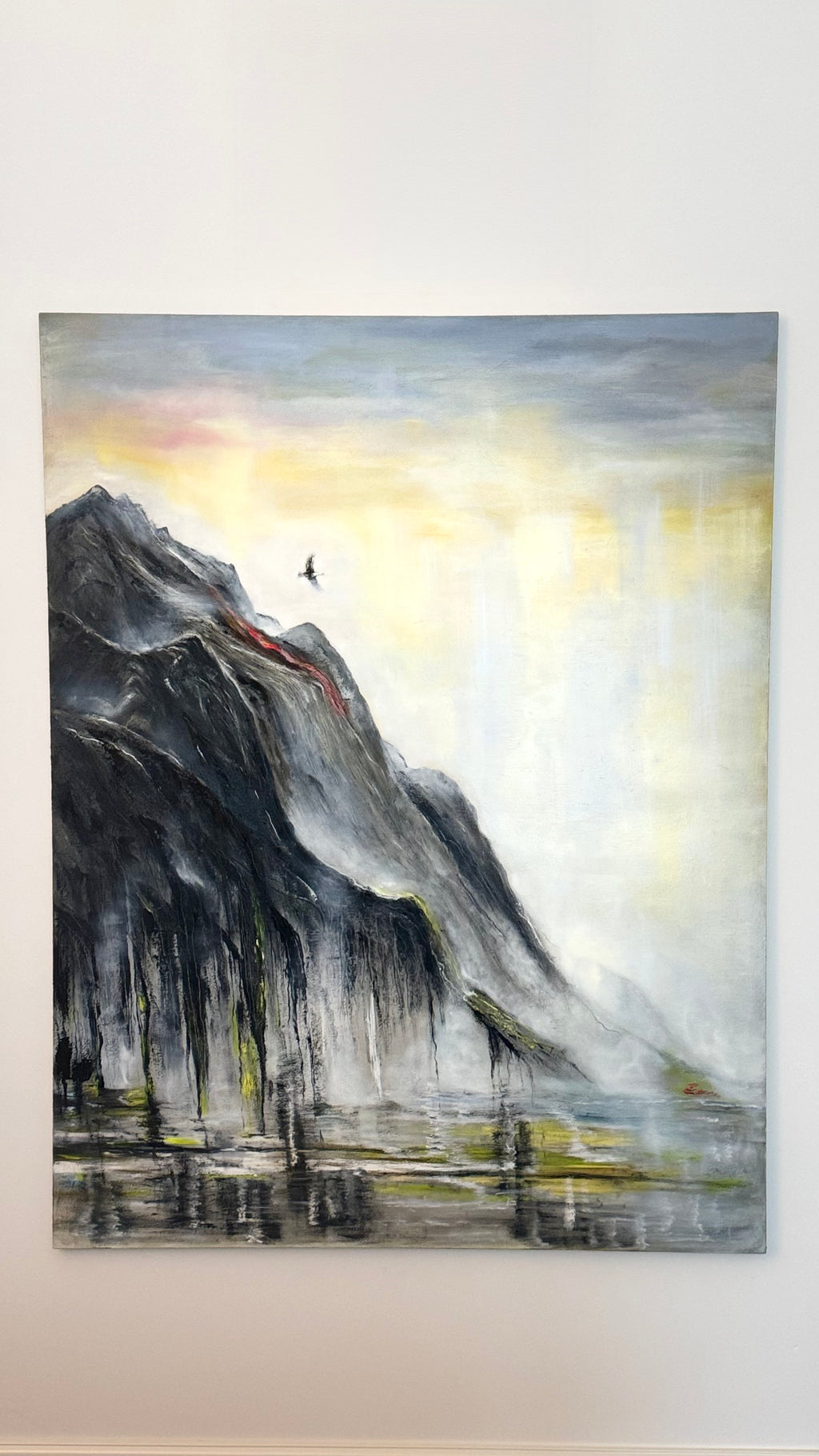 Original contemporary mountain landscape painting with eagle and layered atmospheric textures