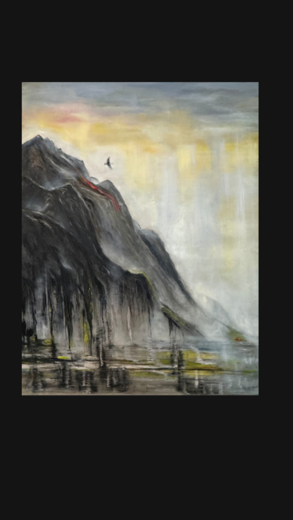 Gallery presentation of large contemporary mountain painting with eagle and atmospheric landscape