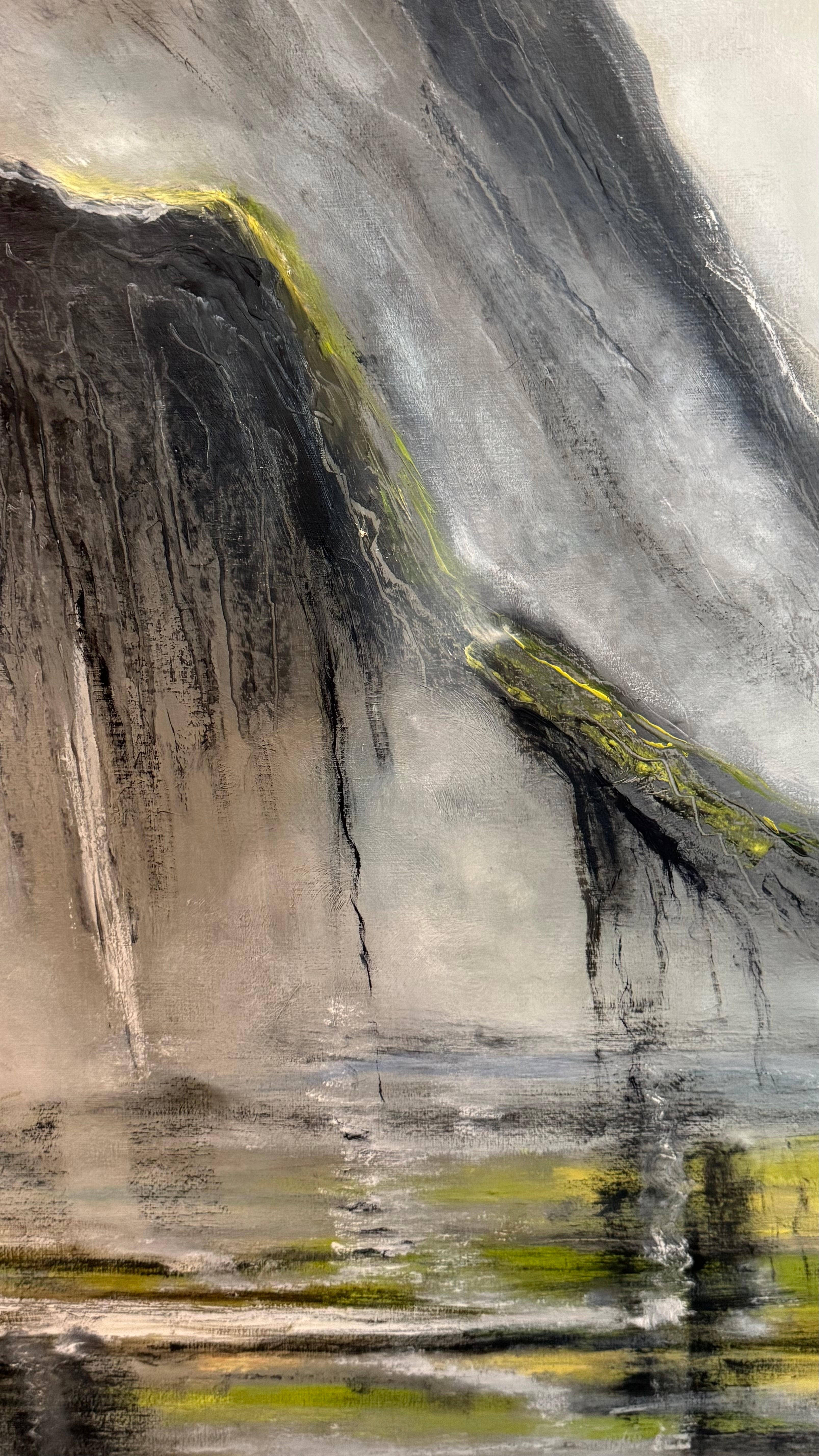 Detail of contemporary mountain landscape painting with mineral textures, reflective water and atmospheric grey tones