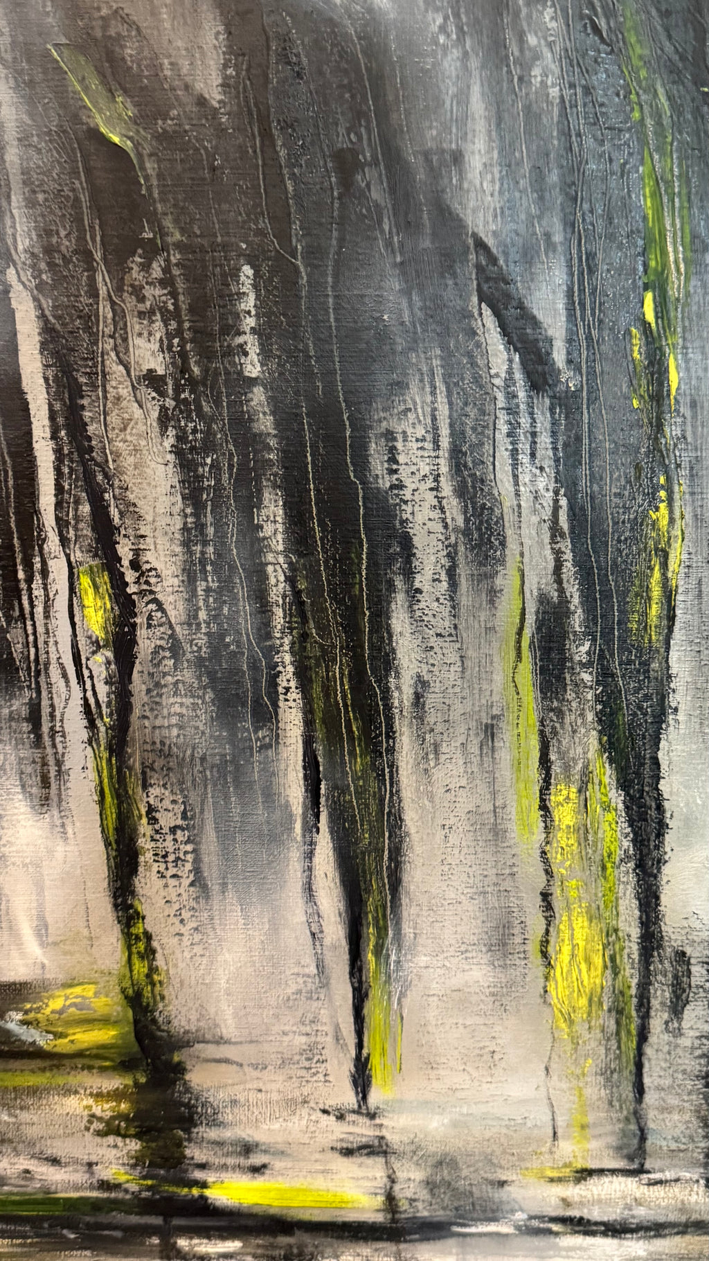 Abstract detail of contemporary mountain painting with reflective water, vertical textures and luminous mineral tones