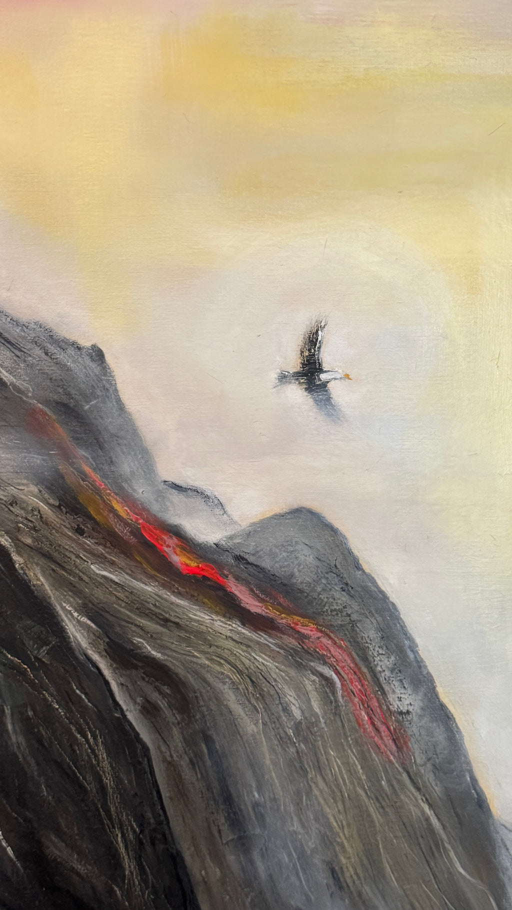 Close-up of atmospheric mountain landscape painting with eagle, layered textures and volcanic red accent