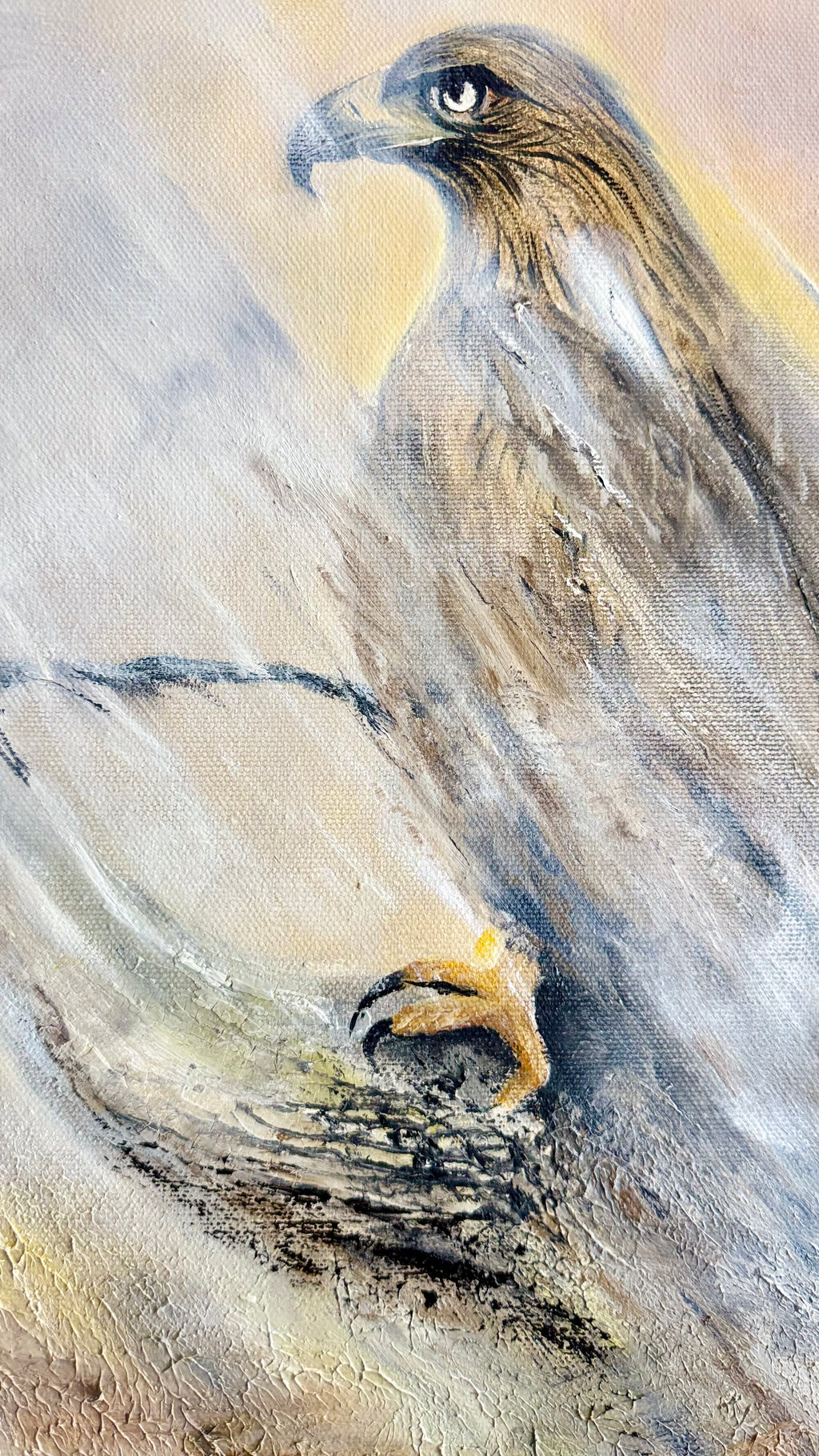 Close-up detail of textured oil layers and expressive brushwork in Wounded Silence, contemporary eagle painting.