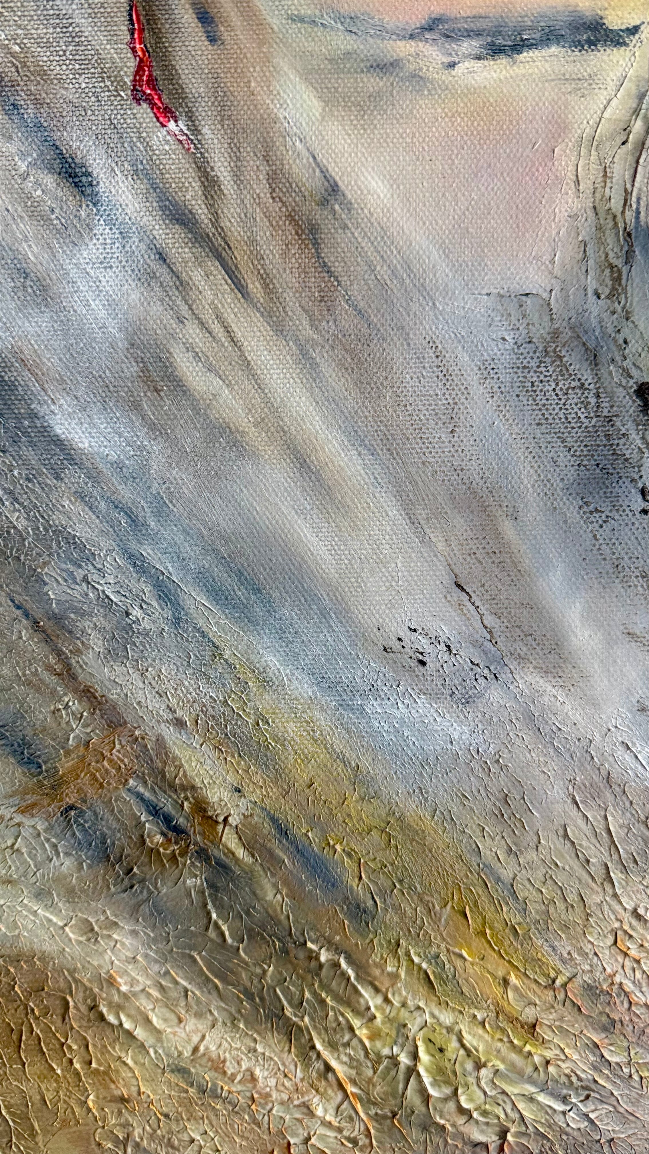 Original contemporary detail painting with textured layers, muted earth tones and expressive oil brushwork, symbolizing silence and resilience.