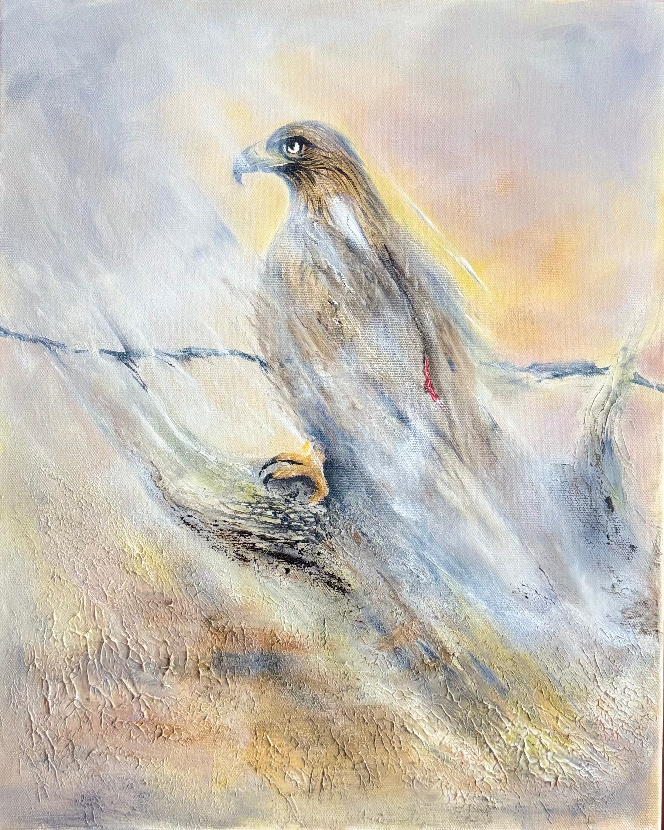 Wounded Silence, original contemporary textured eagle painting in muted earth tones with expressive oil brushwork on canvas.